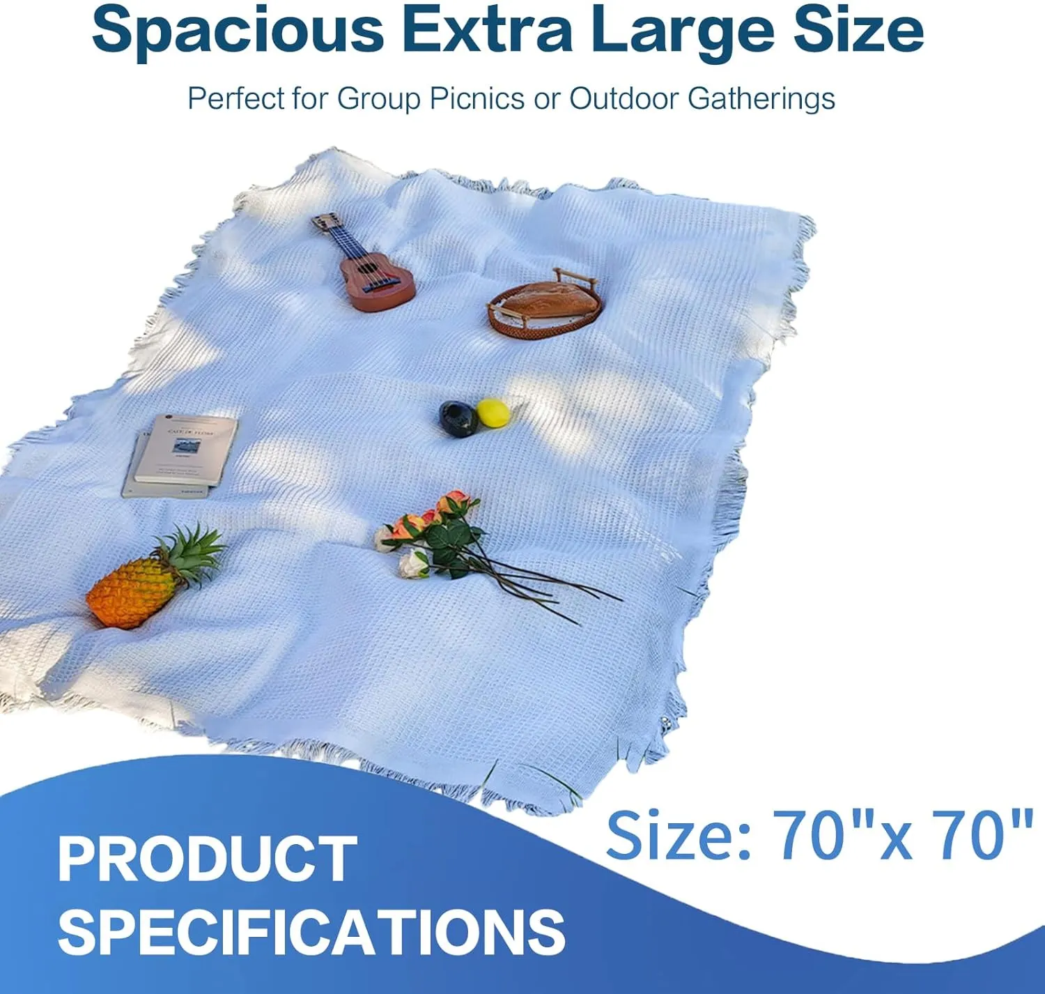Extra Large Picnic Outdoor Blanket, 70''x 70'' Foldable Blankets Gingham Picnic Mat for Beach, Camping Grass Lawn (White)