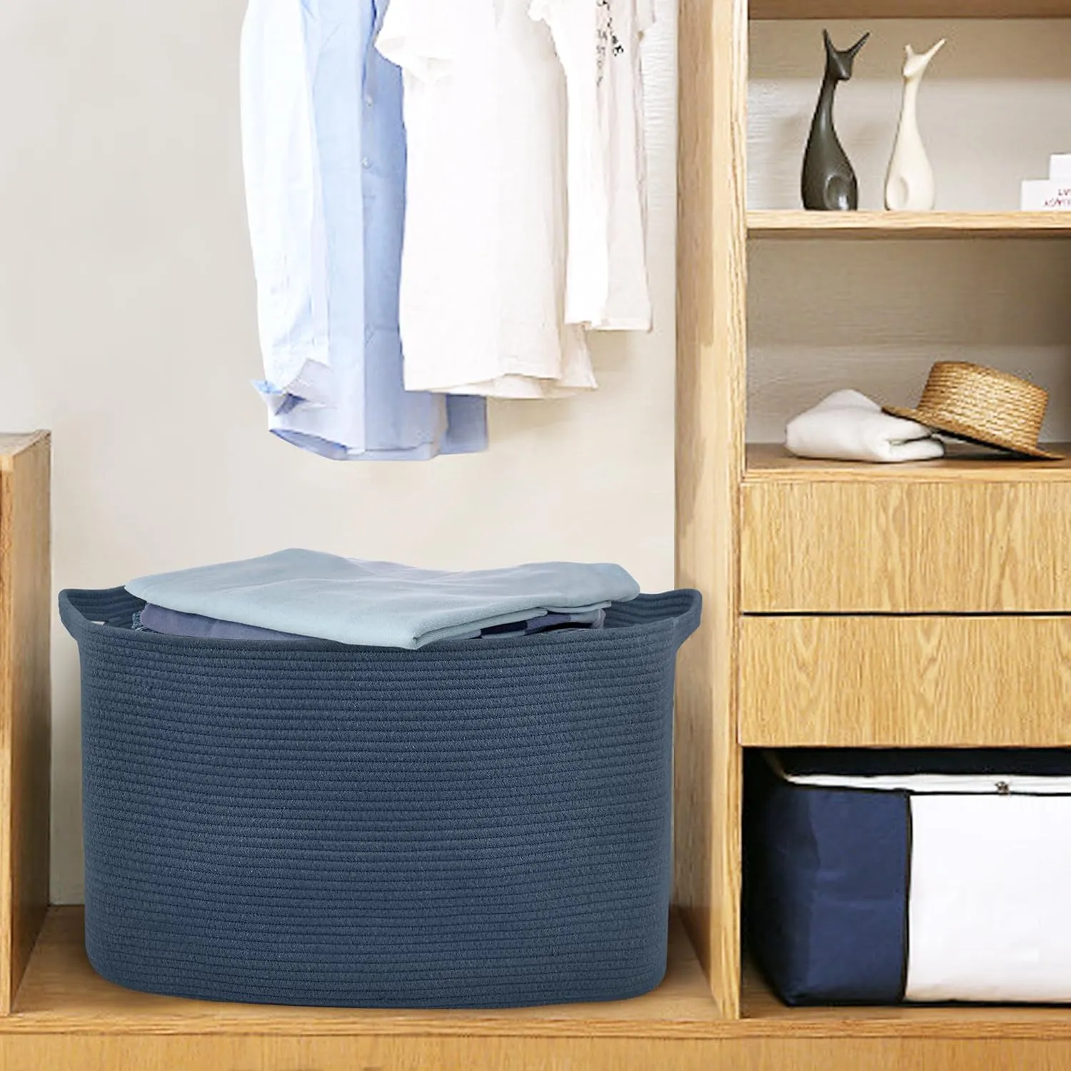 Extra Large Rectangle Storage Basket, 23.6" x 17" x 12" Dark Blue Blanket Storage for Living Room, Large Woven Cotton Rope Storage Box, Soft Kids Toy Basket Organizer Bin, Big Wicker Basket