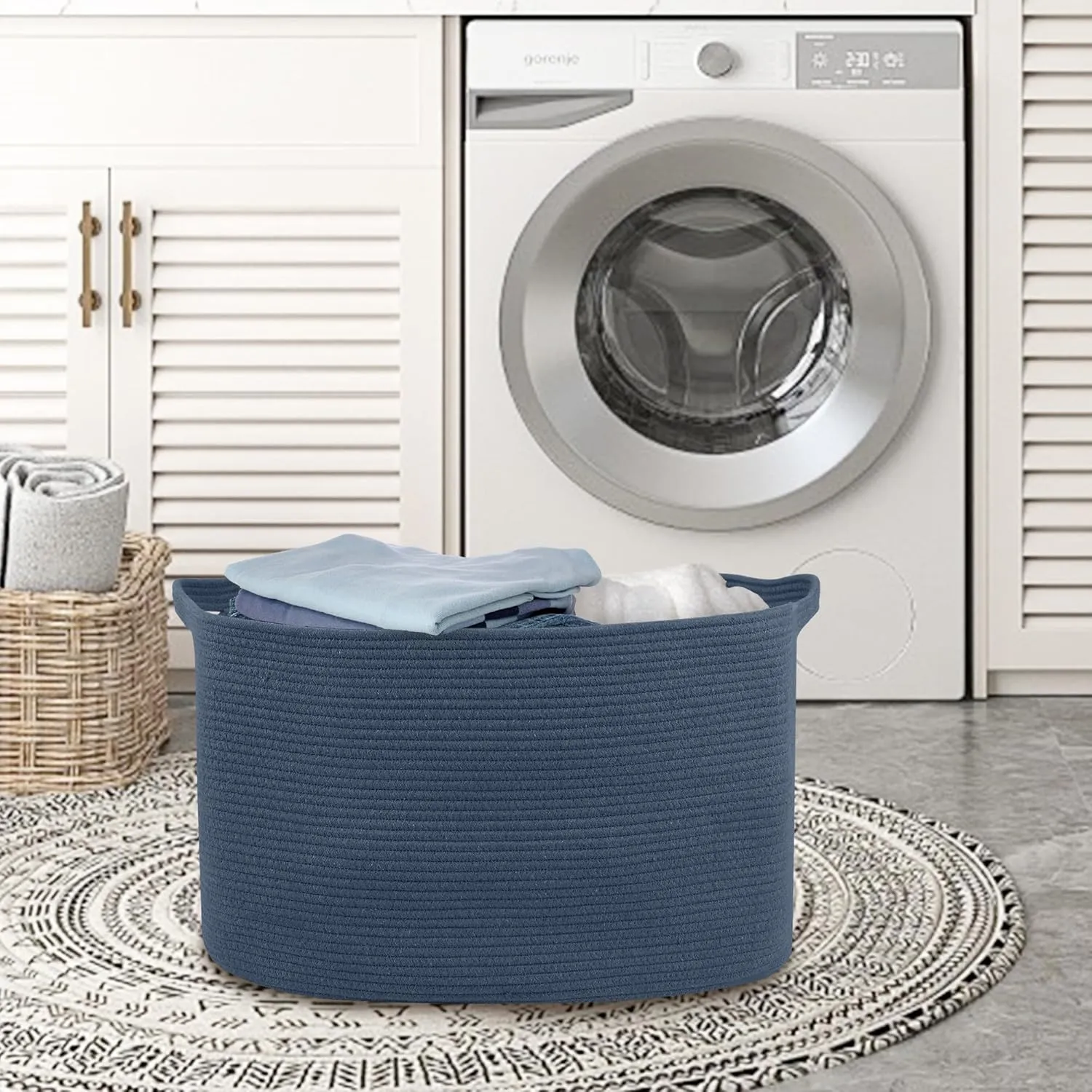 Extra Large Rectangle Storage Basket, 23.6" x 17" x 12" Dark Blue Blanket Storage for Living Room, Large Woven Cotton Rope Storage Box, Soft Kids Toy Basket Organizer Bin, Big Wicker Basket