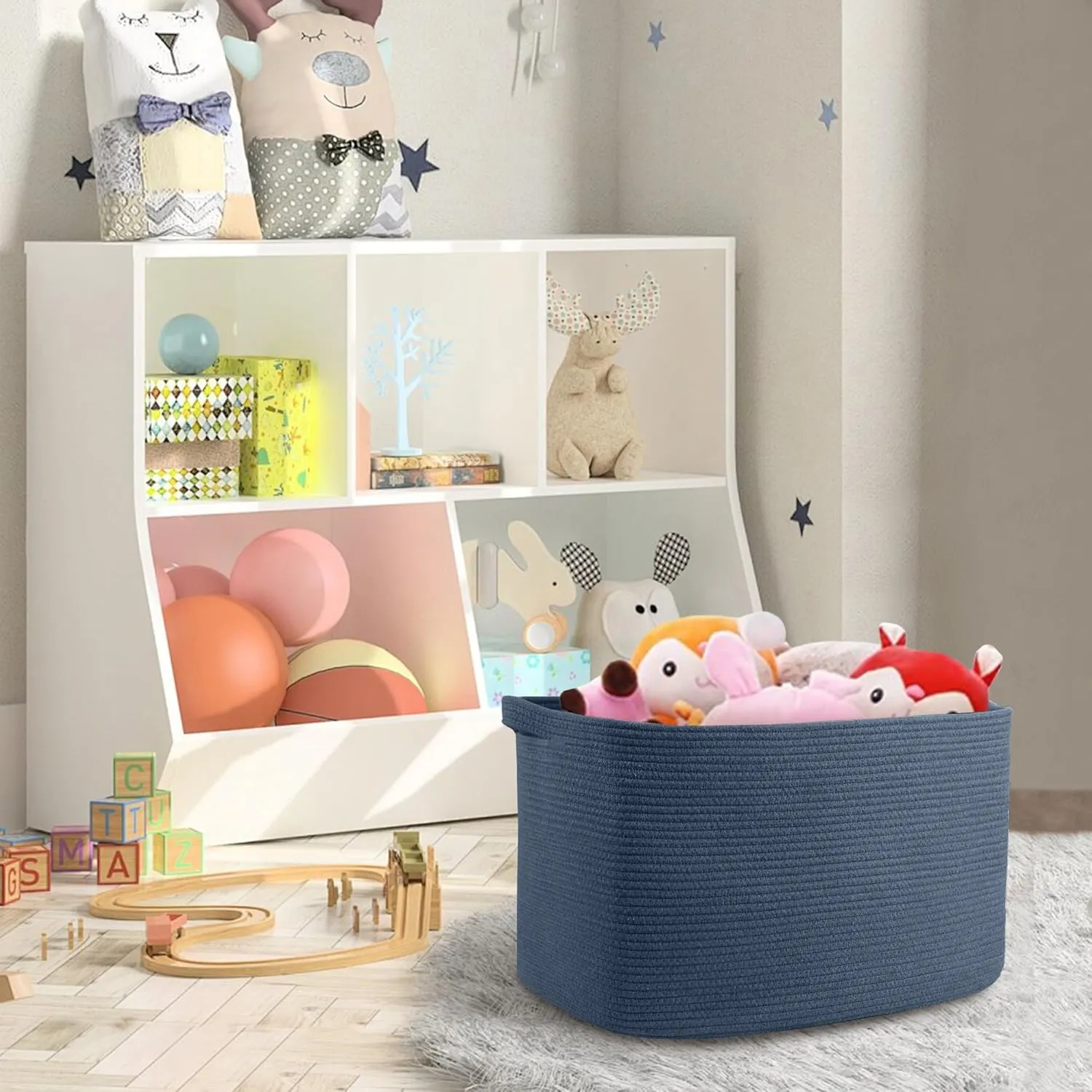 Extra Large Rectangle Storage Basket, 23.6" x 17" x 12" Dark Blue Blanket Storage for Living Room, Large Woven Cotton Rope Storage Box, Soft Kids Toy Basket Organizer Bin, Big Wicker Basket