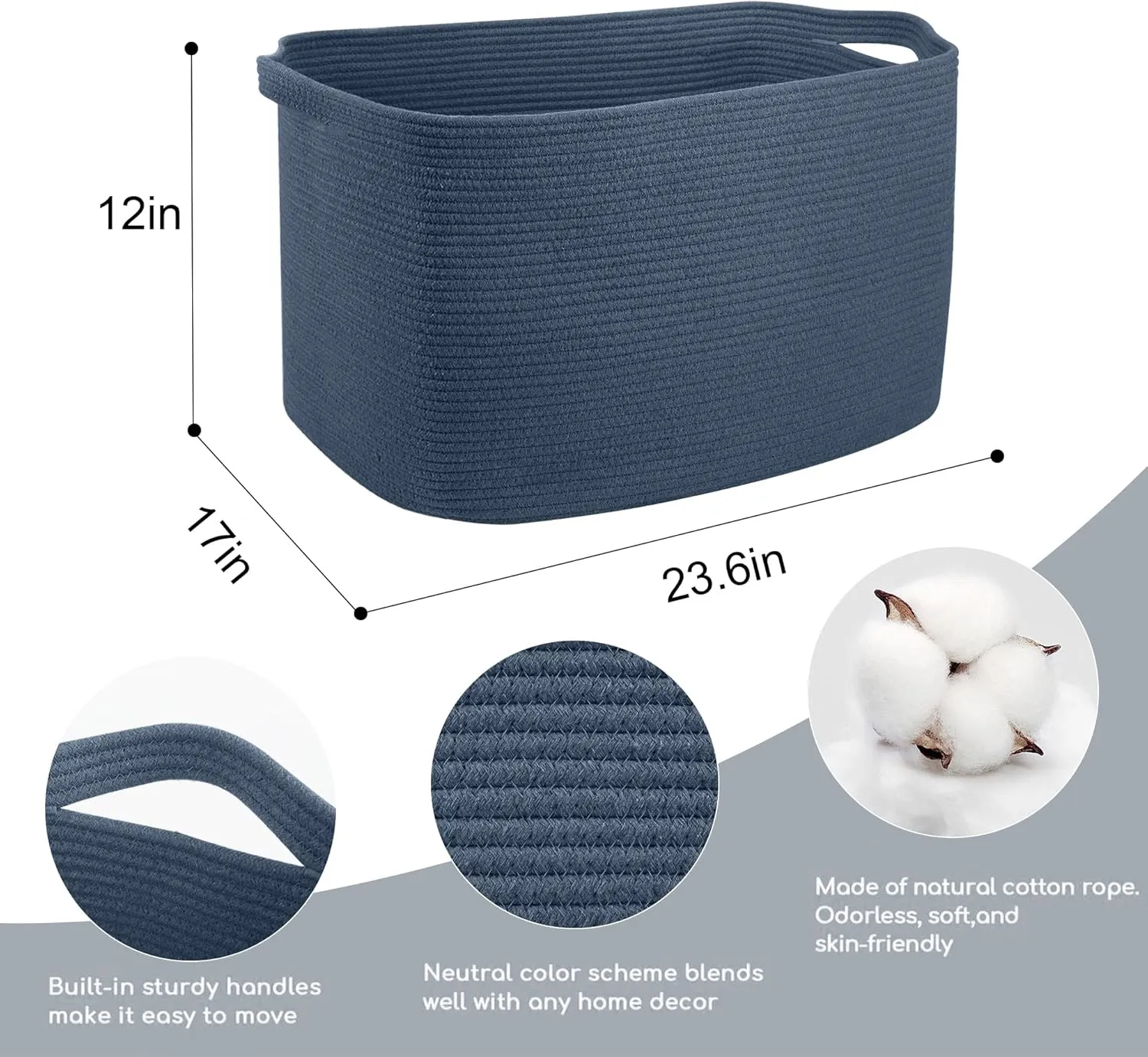 Extra Large Rectangle Storage Basket, 23.6" x 17" x 12" Dark Blue Blanket Storage for Living Room, Large Woven Cotton Rope Storage Box, Soft Kids Toy Basket Organizer Bin, Big Wicker Basket