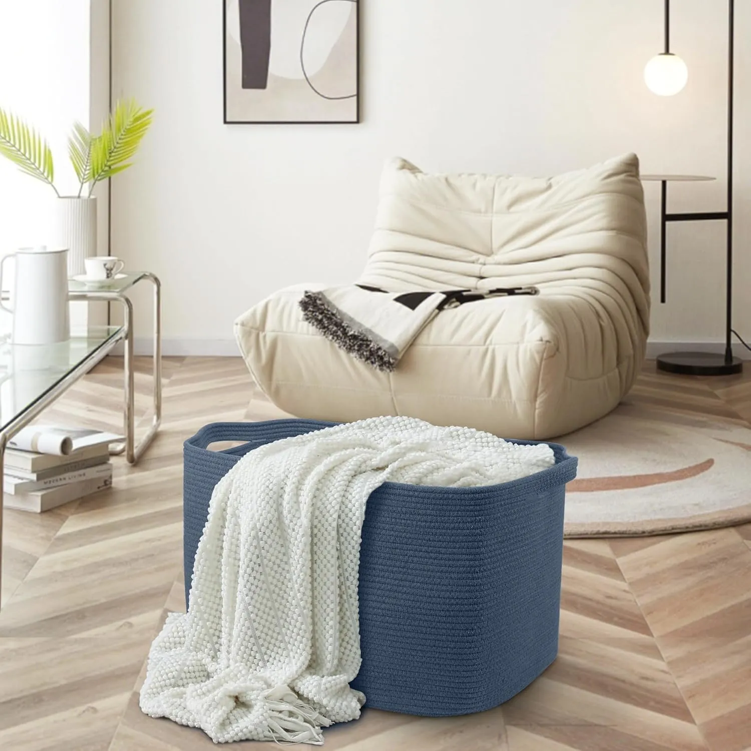 Extra Large Rectangle Storage Basket, 23.6" x 17" x 12" Dark Blue Blanket Storage for Living Room, Large Woven Cotton Rope Storage Box, Soft Kids Toy Basket Organizer Bin, Big Wicker Basket