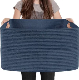 Extra Large Rectangle Storage Basket, 23.6" x 17" x 12" Dark Blue Blanket Storage for Living Room, Large Woven Cotton Rope Storage Box, Soft Kids Toy Basket Organizer Bin, Big Wicker Basket