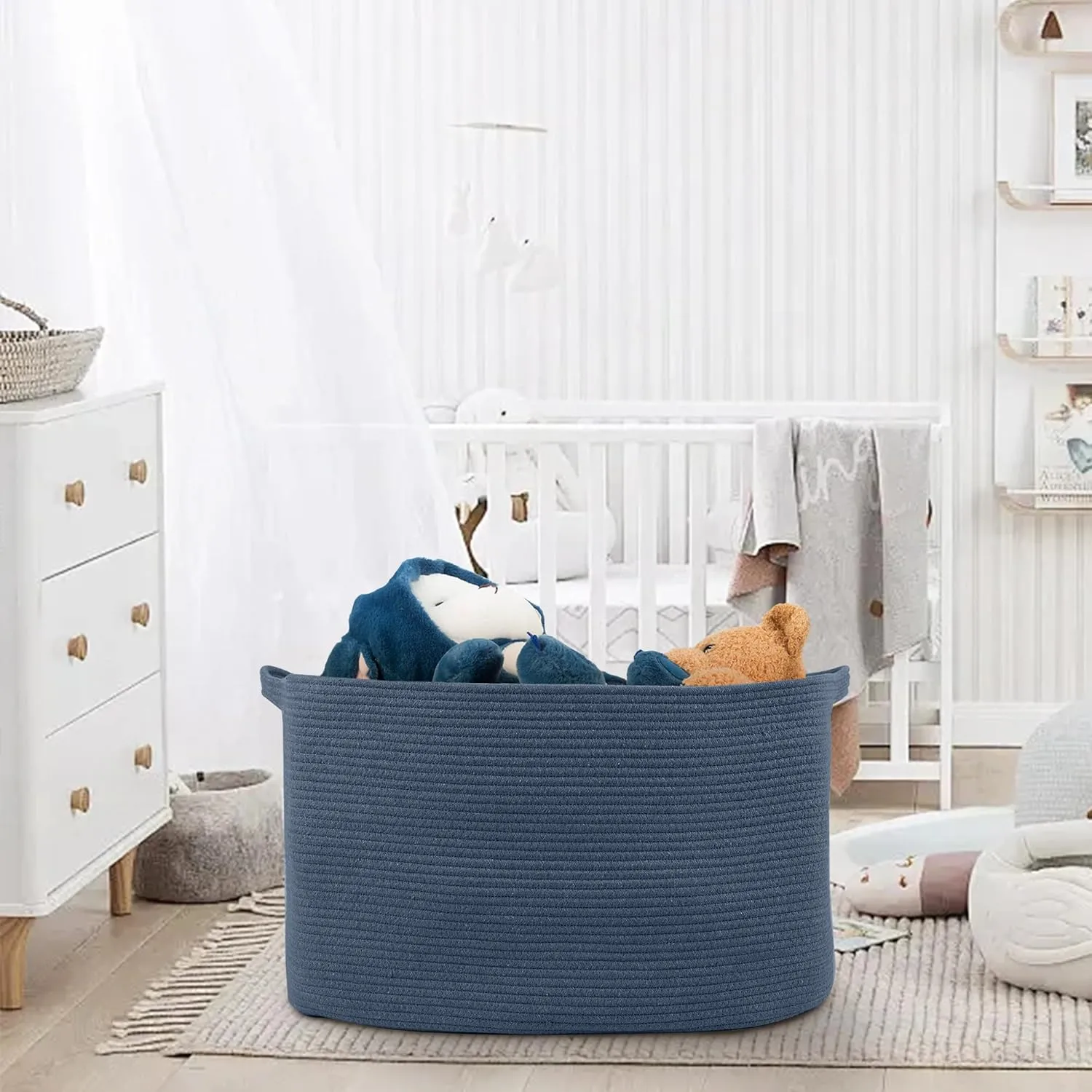Extra Large Rectangle Storage Basket, 23.6" x 17" x 12" Dark Blue Blanket Storage for Living Room, Large Woven Cotton Rope Storage Box, Soft Kids Toy Basket Organizer Bin, Big Wicker Basket