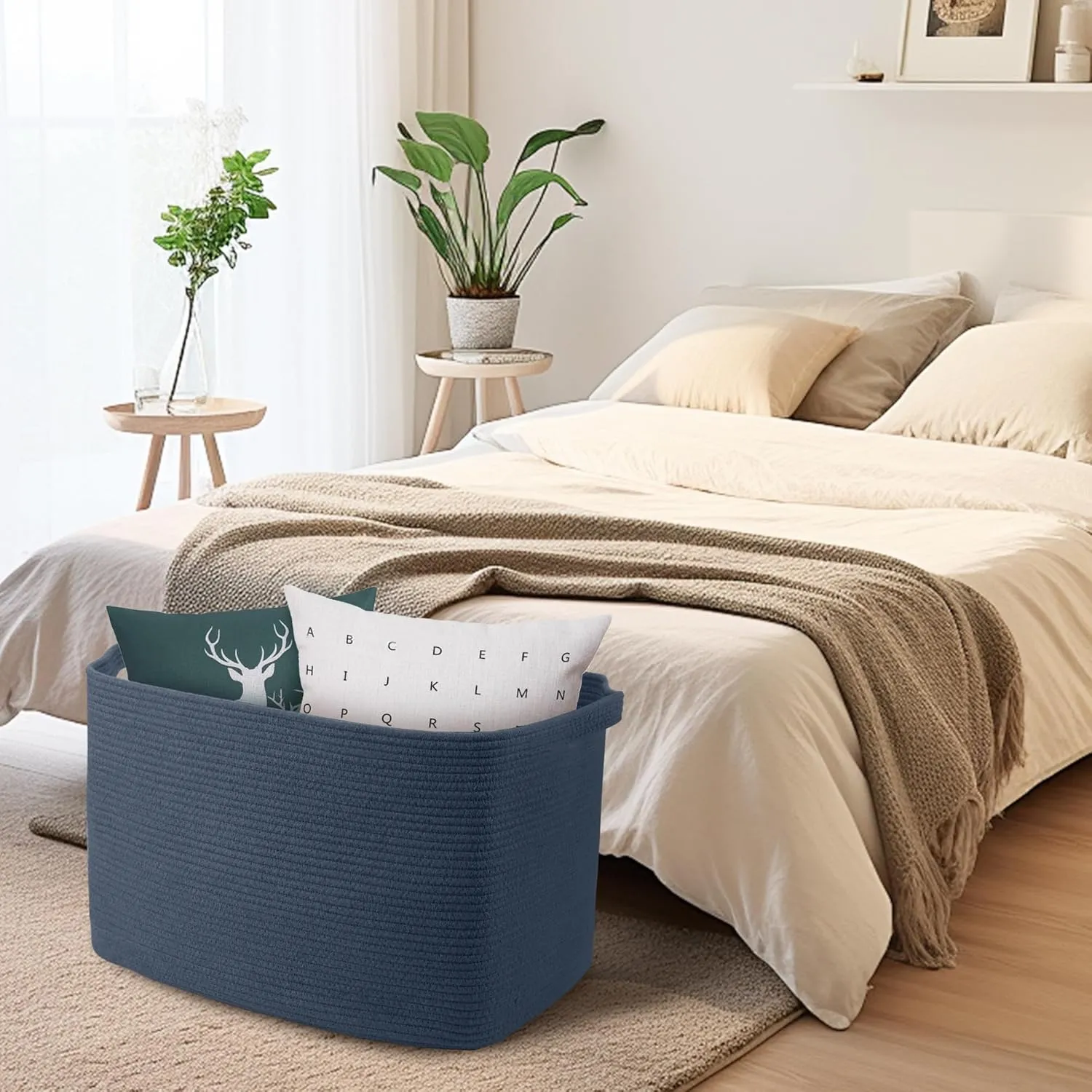 Extra Large Rectangle Storage Basket, 23.6" x 17" x 12" Dark Blue Blanket Storage for Living Room, Large Woven Cotton Rope Storage Box, Soft Kids Toy Basket Organizer Bin, Big Wicker Basket