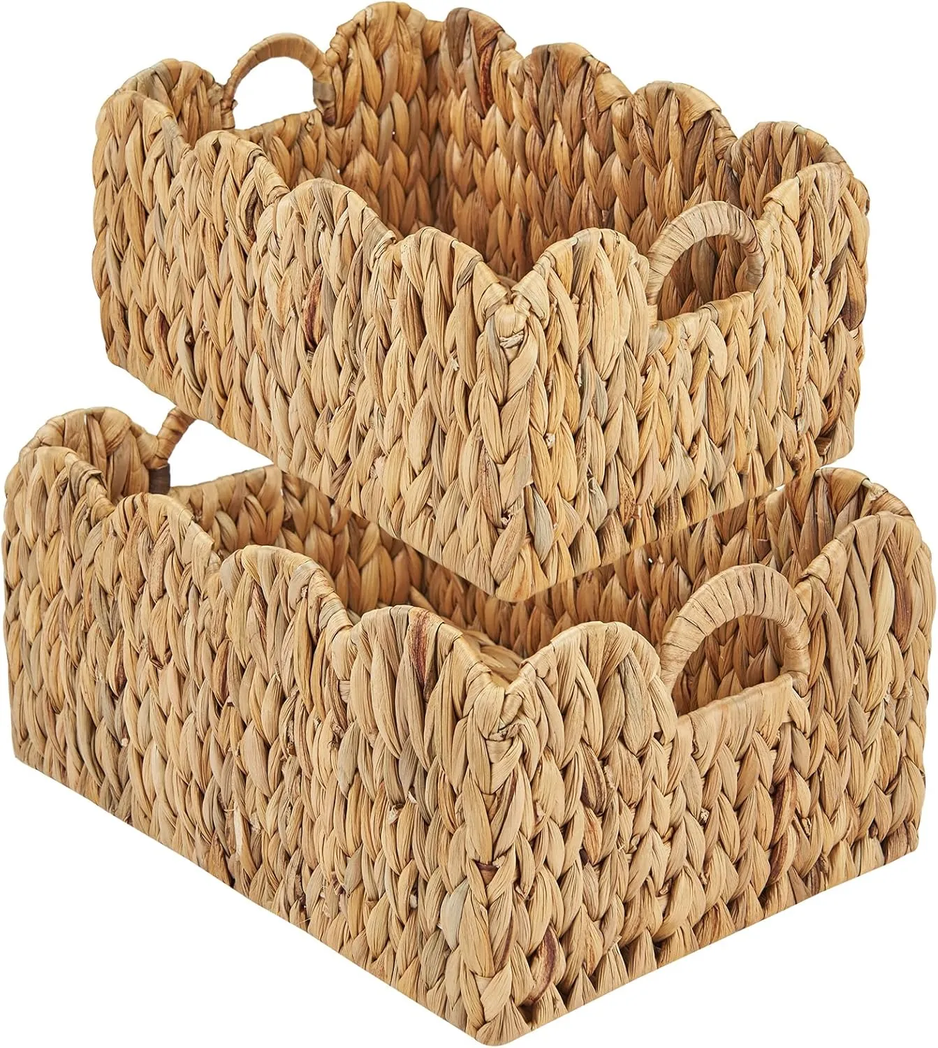 FairyHaus Wicker Basket 2Pack, Handwoven Scalloped Wicker Storage Basket with Handles, Natural Water Hyacinth Wicker Bakests for Storage, Large and Small Rectangle Basket, 15 x 11 x 7" & 13 x 9 x 6.5"