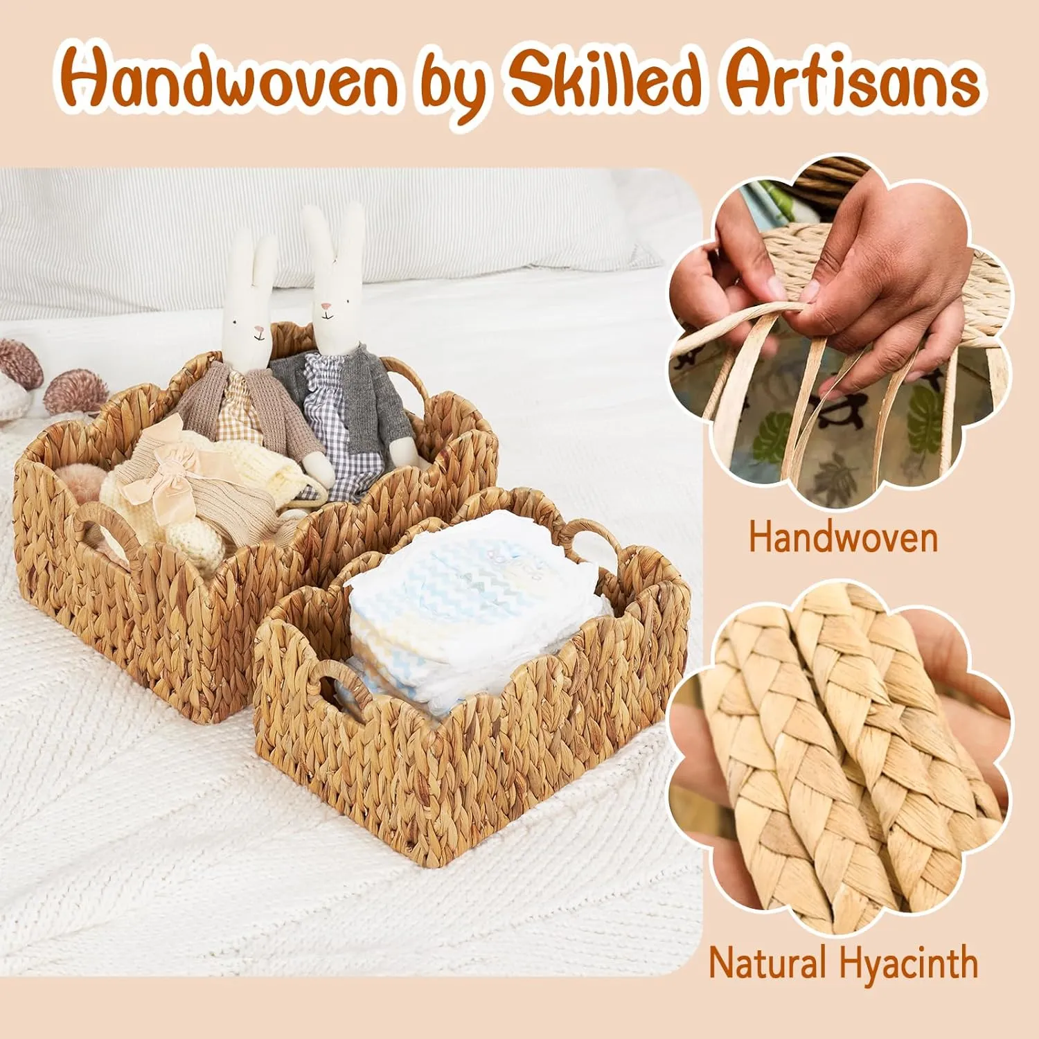 FairyHaus Wicker Basket 2Pack, Handwoven Scalloped Wicker Storage Basket with Handles, Natural Water Hyacinth Wicker Bakests for Storage, Large and Small Rectangle Basket, 15 x 11 x 7" & 13 x 9 x 6.5"