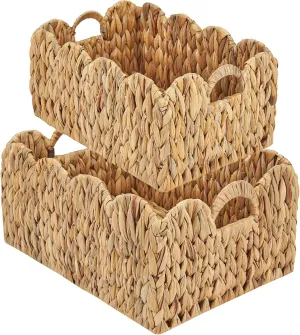FairyHaus Wicker Basket 2Pack, Handwoven Scalloped Wicker Storage Basket with Handles, Natural Water Hyacinth Wicker Bakests for Storage, Large and Small Rectangle Basket, 15 x 11 x 7" & 13 x 9 x 6.5"