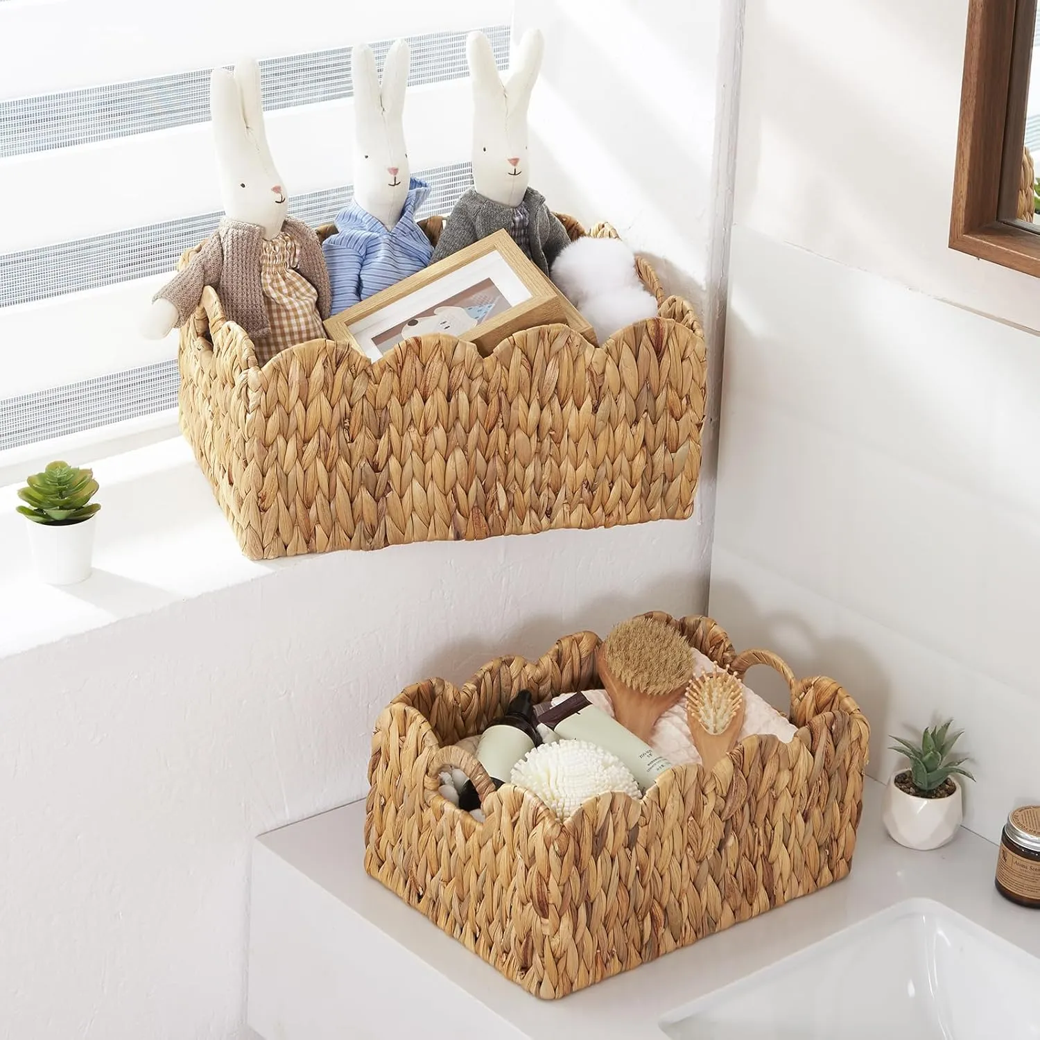 FairyHaus Wicker Basket 2Pack, Handwoven Scalloped Wicker Storage Basket with Handles, Natural Water Hyacinth Wicker Bakests for Storage, Large and Small Rectangle Basket, 15 x 11 x 7" & 13 x 9 x 6.5"