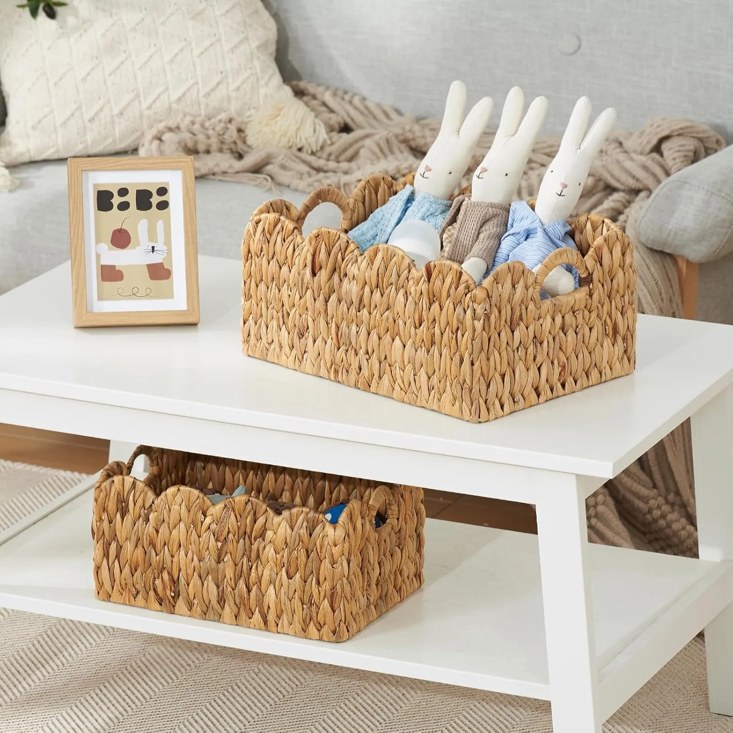 FairyHaus Wicker Basket 2Pack, Handwoven Scalloped Wicker Storage Basket with Handles, Natural Water Hyacinth Wicker Bakests for Storage, Large and Small Rectangle Basket, 15 x 11 x 7" & 13 x 9 x 6.5"