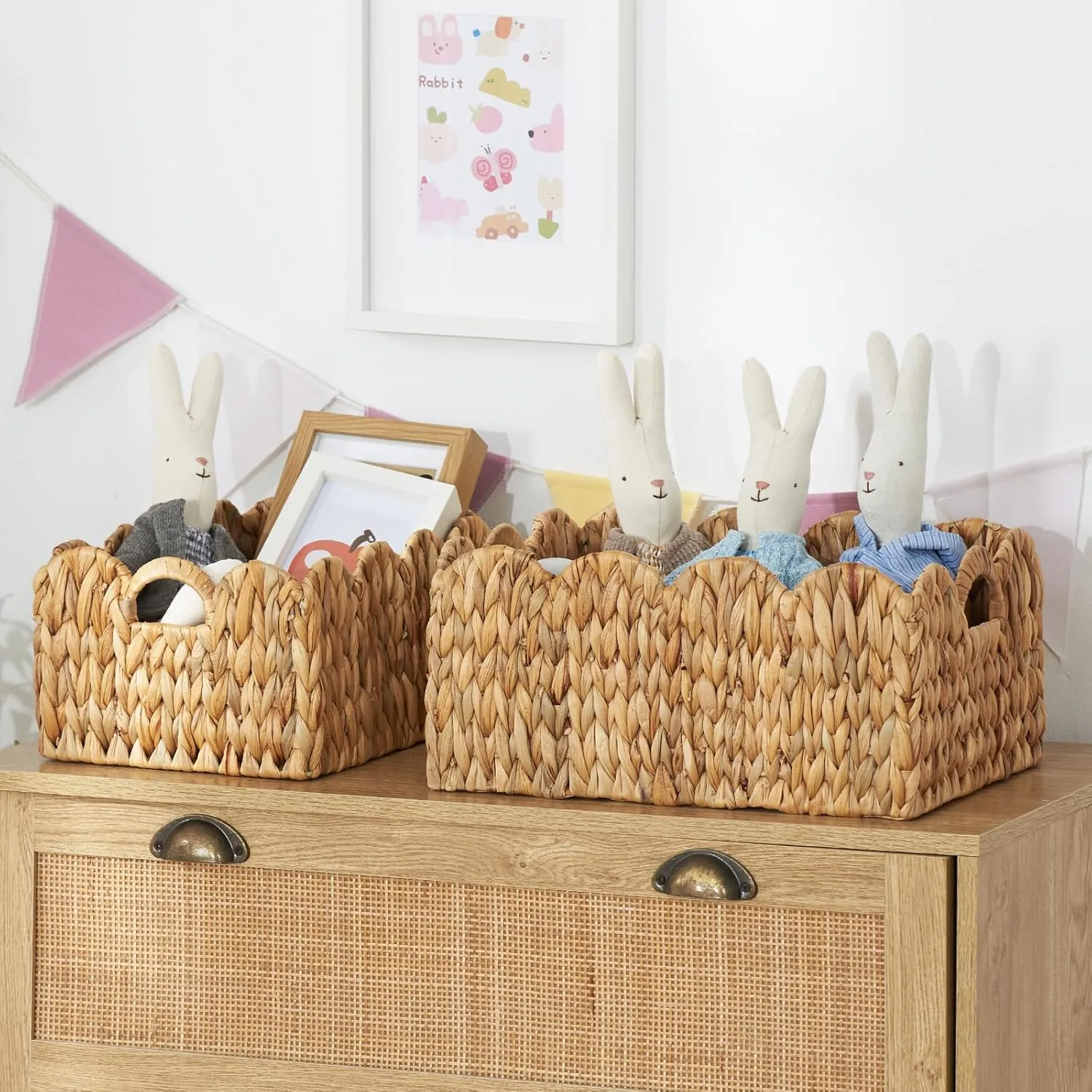 FairyHaus Wicker Basket 2Pack, Handwoven Scalloped Wicker Storage Basket with Handles, Natural Water Hyacinth Wicker Bakests for Storage, Large and Small Rectangle Basket, 15 x 11 x 7" & 13 x 9 x 6.5"