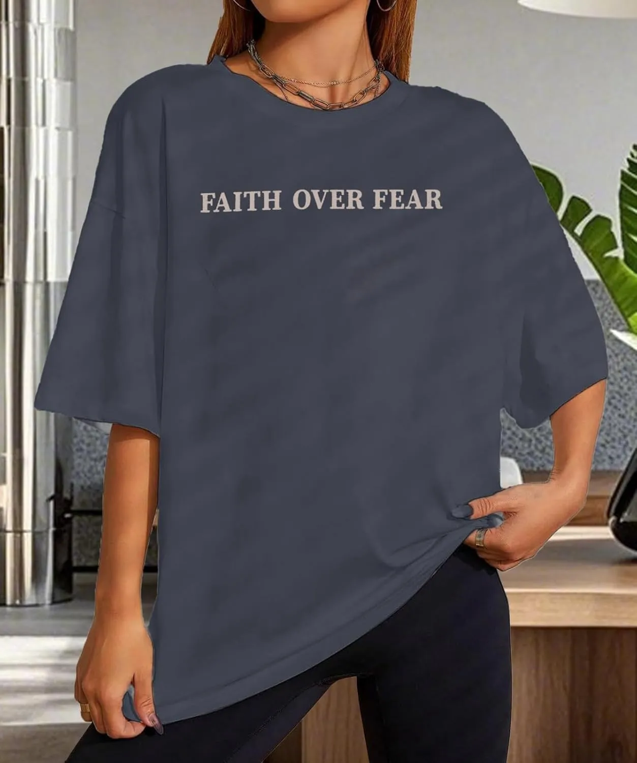Faith Over Fear Shirt Women Christian Graphic Tee Oversized Workout Gym Christian Religious Tees Tops