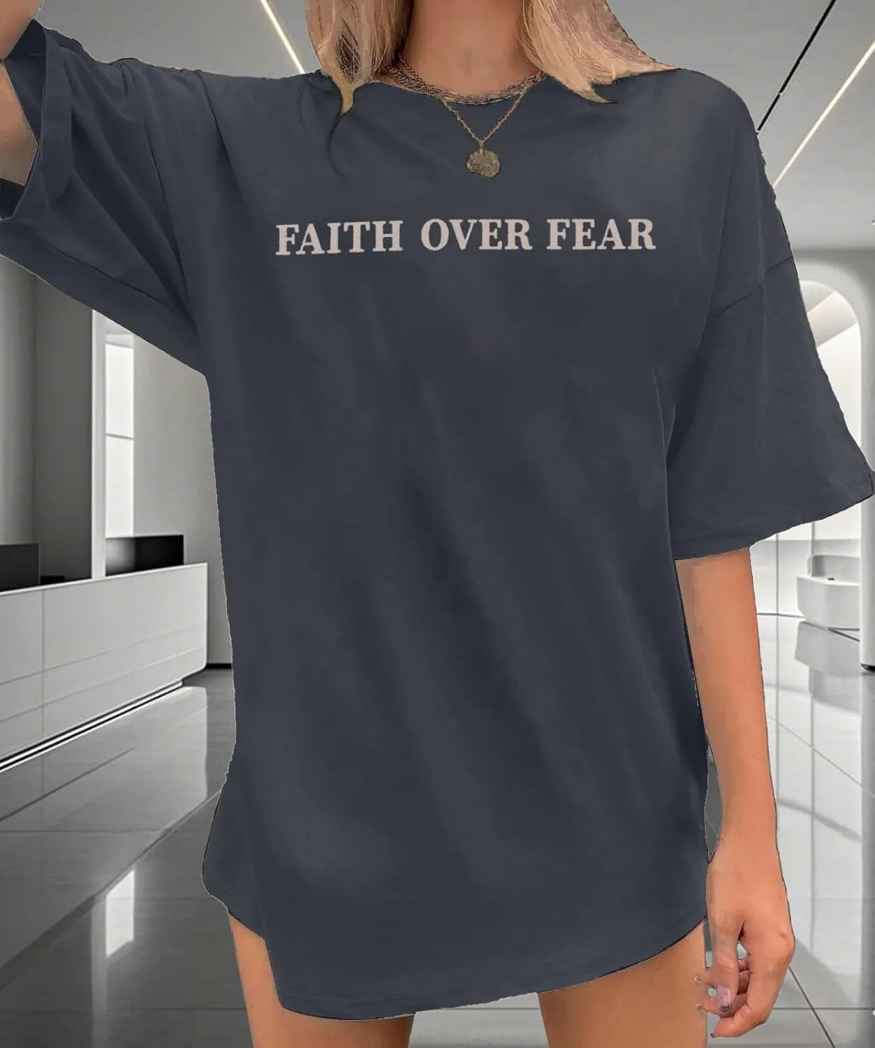 Faith Over Fear Shirt Women Christian Graphic Tee Oversized Workout Gym Christian Religious Tees Tops