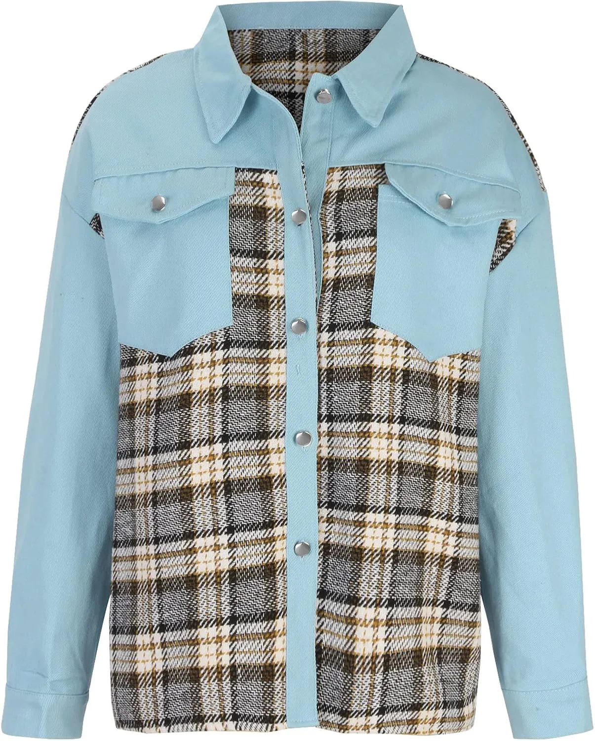 Fall Fashion Denim Jacket For Women 2023 Casual Long Sleeve Plaid Button Down Jean Shirts Shacket Jacket