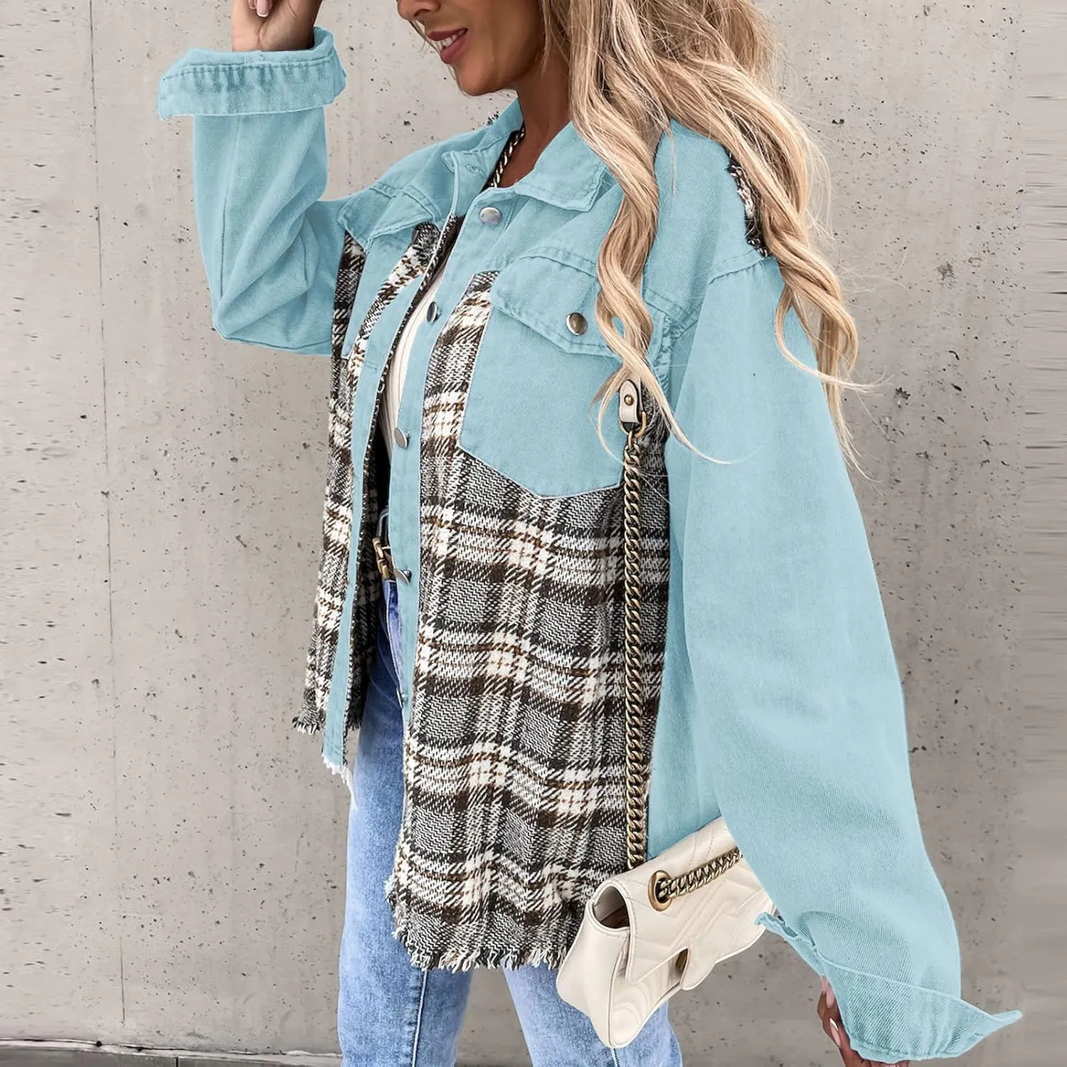 Fall Fashion Denim Jacket For Women 2023 Casual Long Sleeve Plaid Button Down Jean Shirts Shacket Jacket