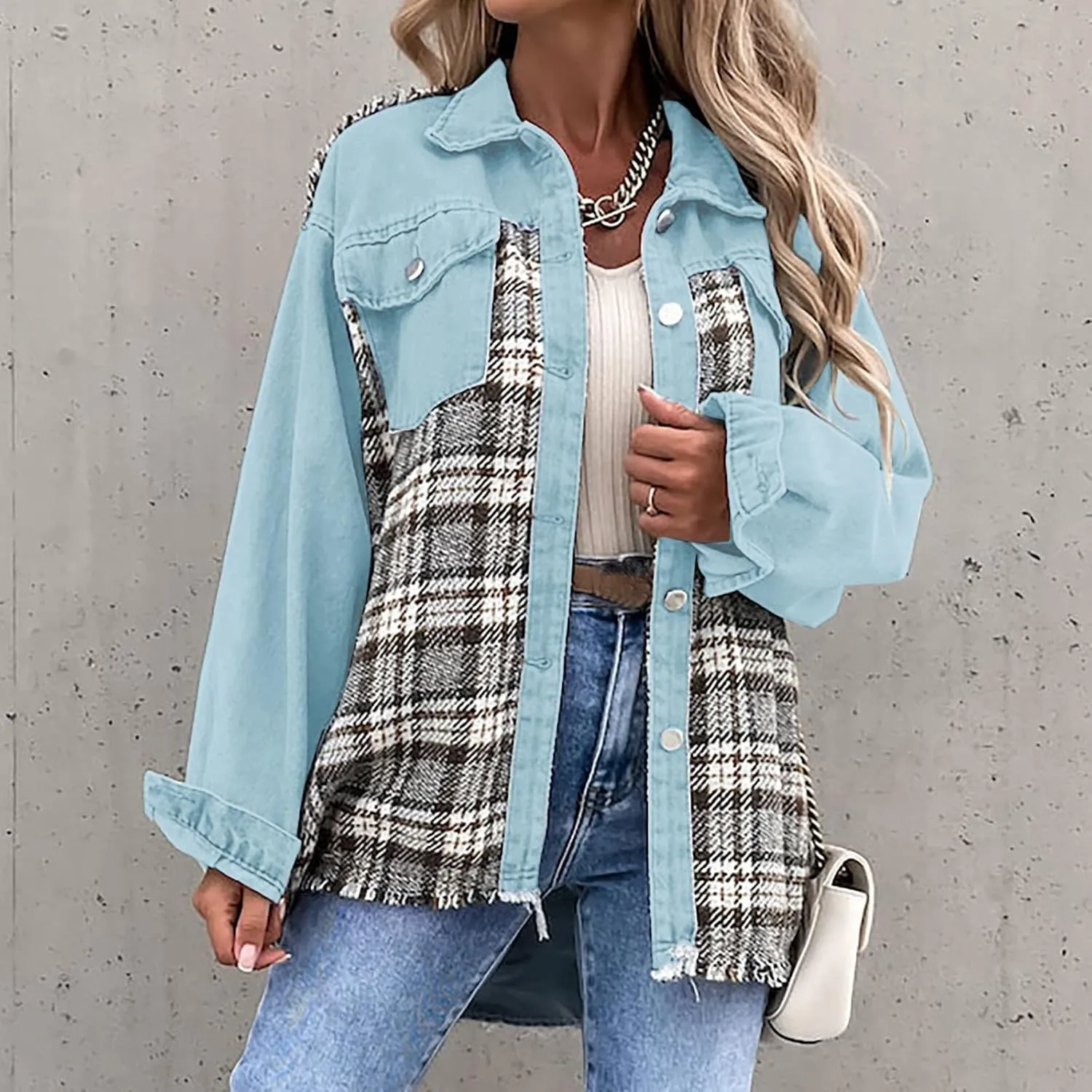 Fall Fashion Denim Jacket For Women 2023 Casual Long Sleeve Plaid Button Down Jean Shirts Shacket Jacket