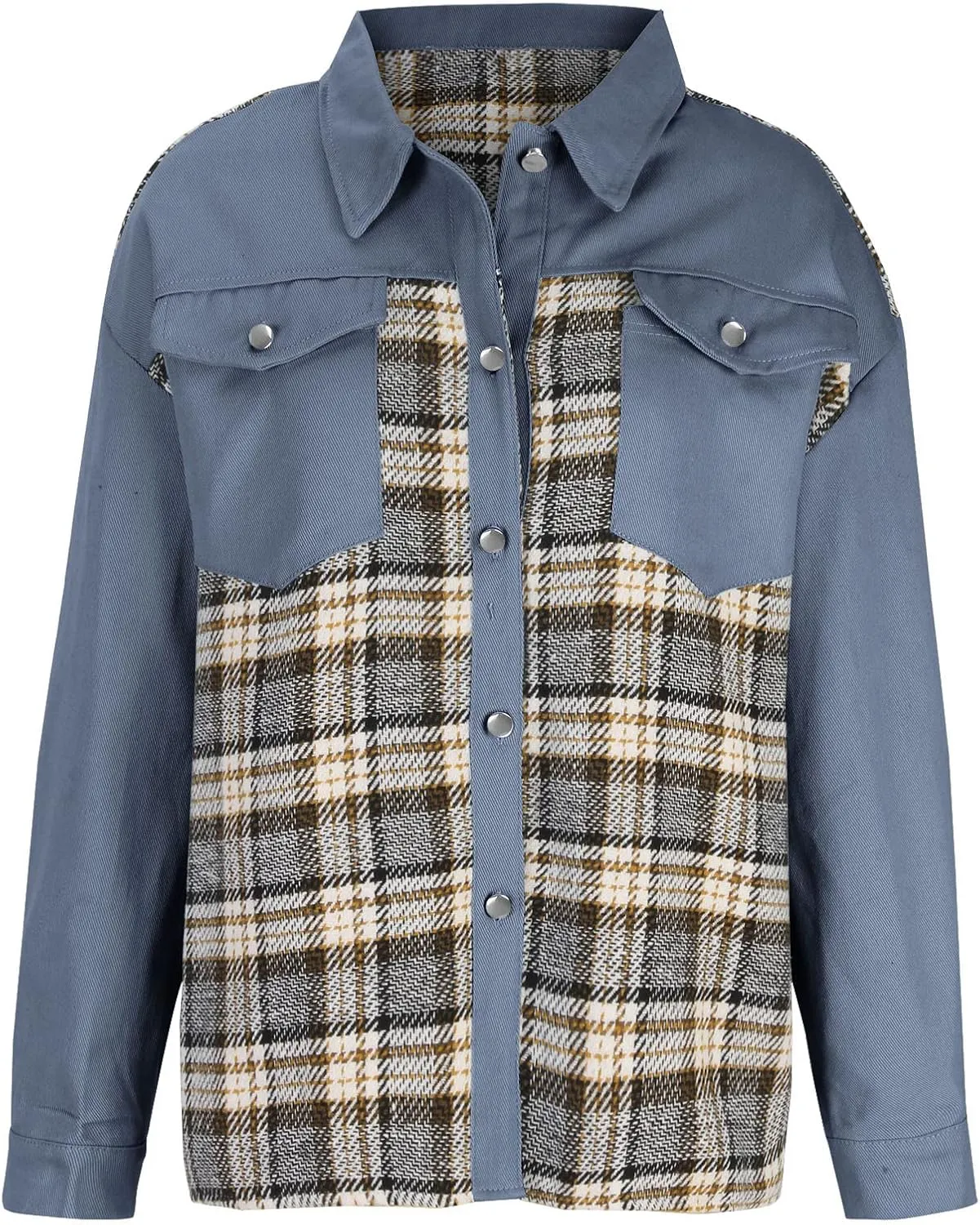 Fall Fashion Denim Jacket For Women 2023 Casual Long Sleeve Plaid Button Down Jean Shirts Shacket Jacket