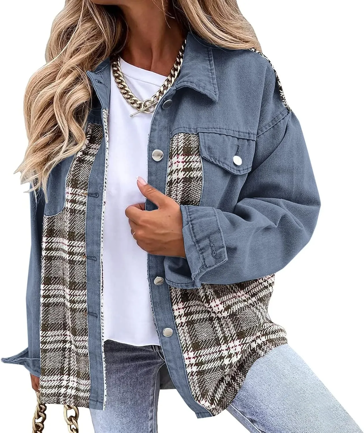 Fall Fashion Denim Jacket For Women 2023 Casual Long Sleeve Plaid Button Down Jean Shirts Shacket Jacket