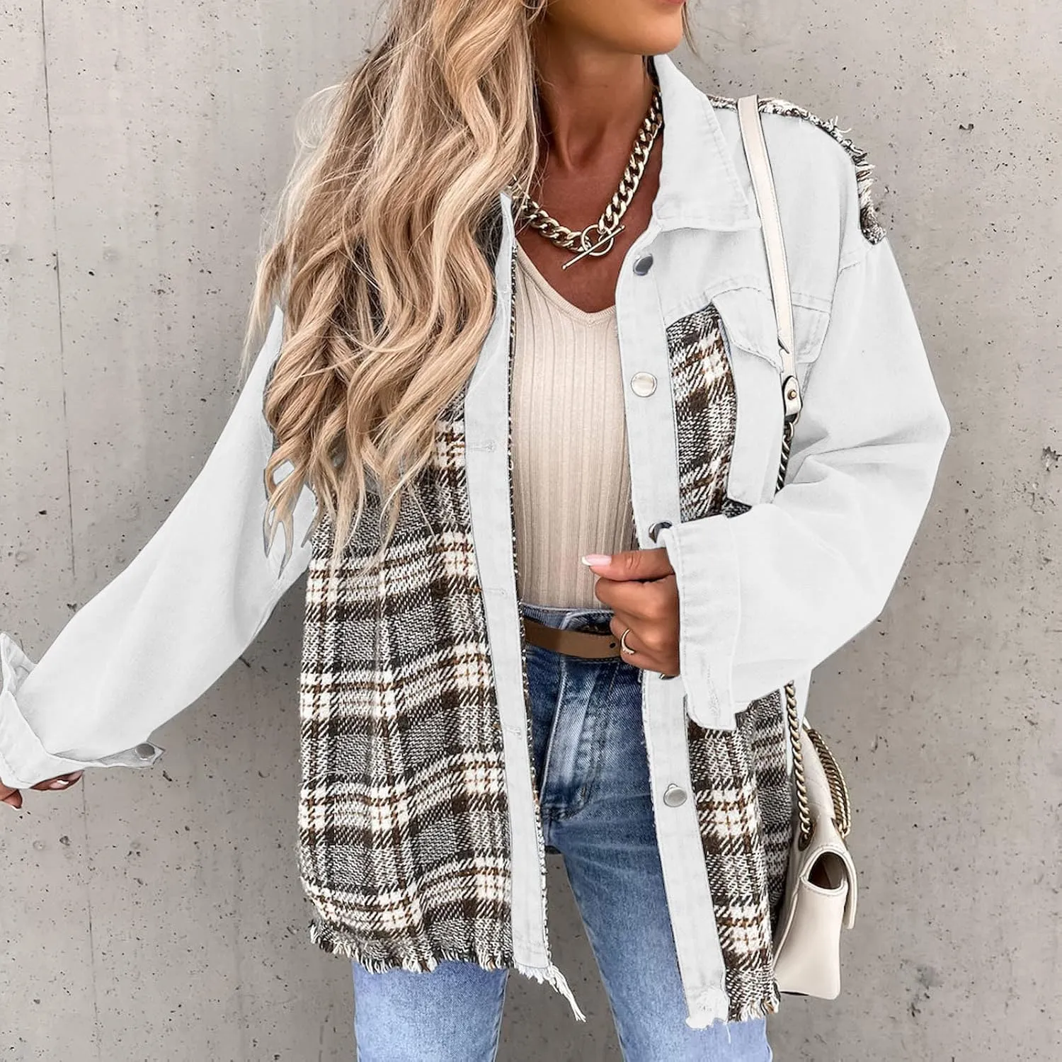 Fall Fashion Denim Jacket For Women 2023 Casual Long Sleeve Plaid Button Down Jean Shirts Shacket Jacket