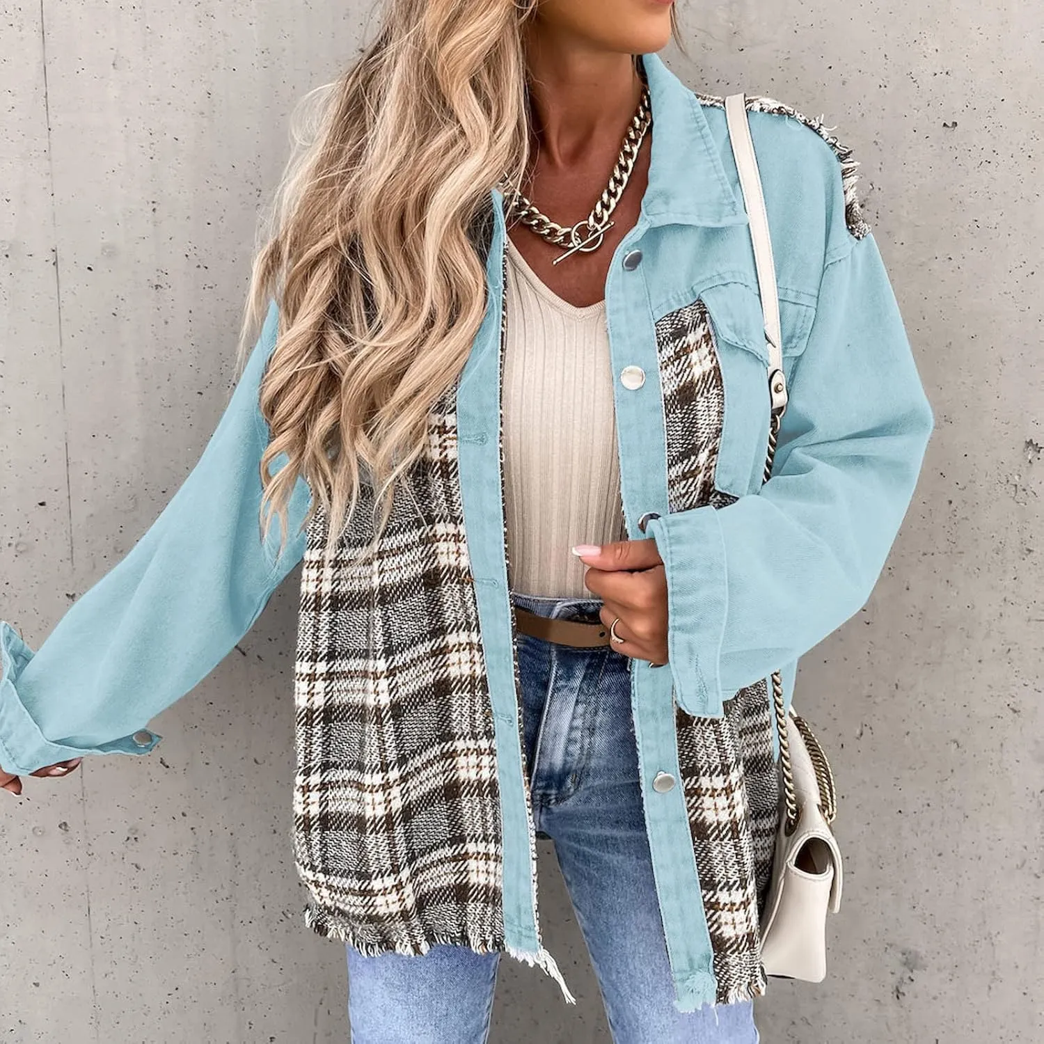 Fall Fashion Denim Jacket For Women 2023 Casual Long Sleeve Plaid Button Down Jean Shirts Shacket Jacket