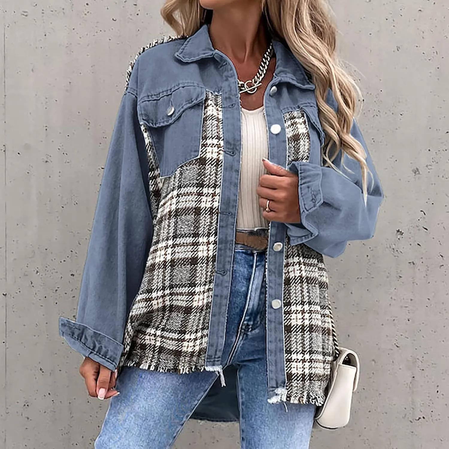 Fall Fashion Denim Jacket For Women 2023 Casual Long Sleeve Plaid Button Down Jean Shirts Shacket Jacket