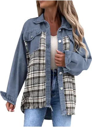 Fall Fashion Denim Jacket For Women 2023 Casual Long Sleeve Plaid Button Down Jean Shirts Shacket Jacket