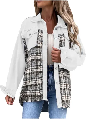 Fall Fashion Denim Jacket For Women 2023 Casual Long Sleeve Plaid Button Down Jean Shirts Shacket Jacket