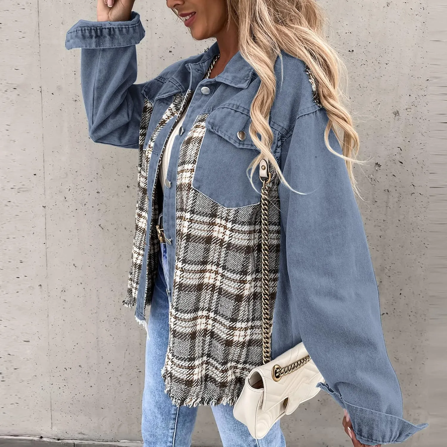 Fall Fashion Denim Jacket For Women 2023 Casual Long Sleeve Plaid Button Down Jean Shirts Shacket Jacket