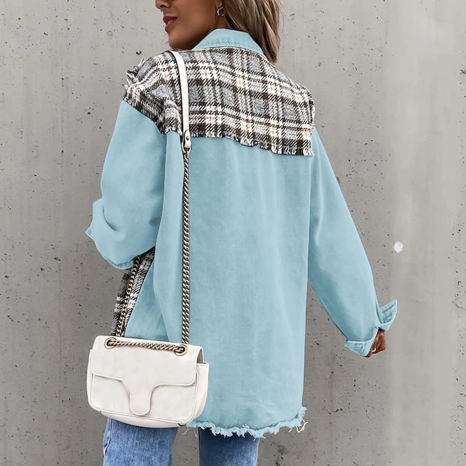 Fall Fashion Denim Jacket For Women 2023 Casual Long Sleeve Plaid Button Down Jean Shirts Shacket Jacket