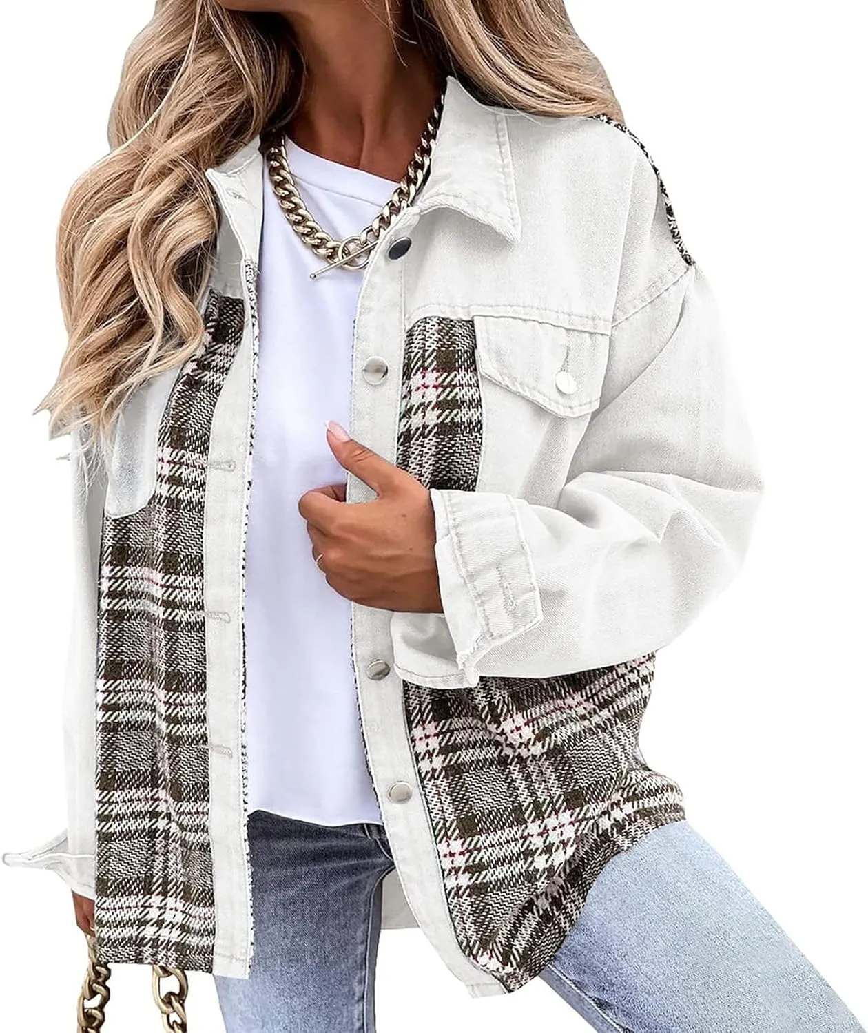 Fall Fashion Denim Jacket For Women 2023 Casual Long Sleeve Plaid Button Down Jean Shirts Shacket Jacket