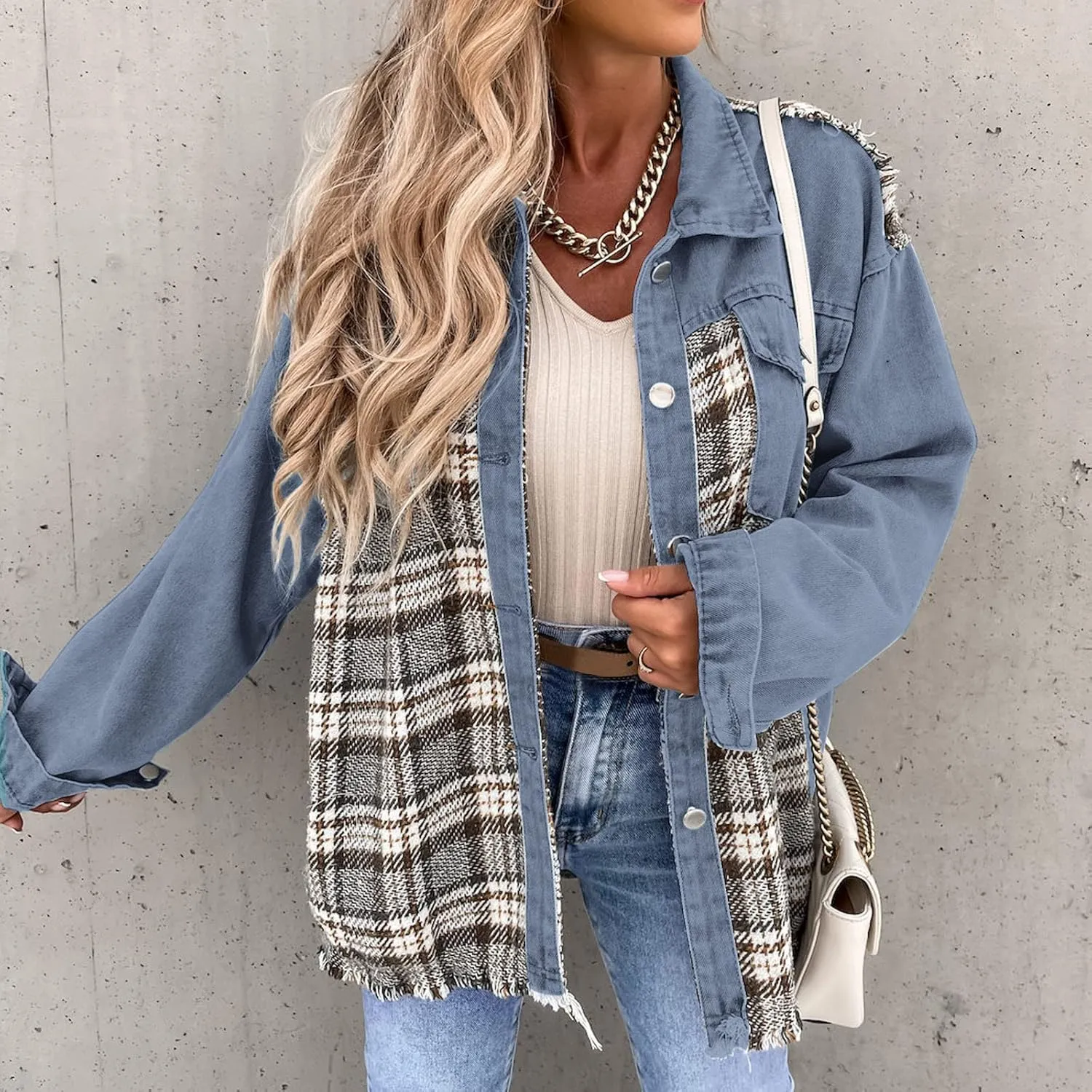 Fall Fashion Denim Jacket For Women 2023 Casual Long Sleeve Plaid Button Down Jean Shirts Shacket Jacket