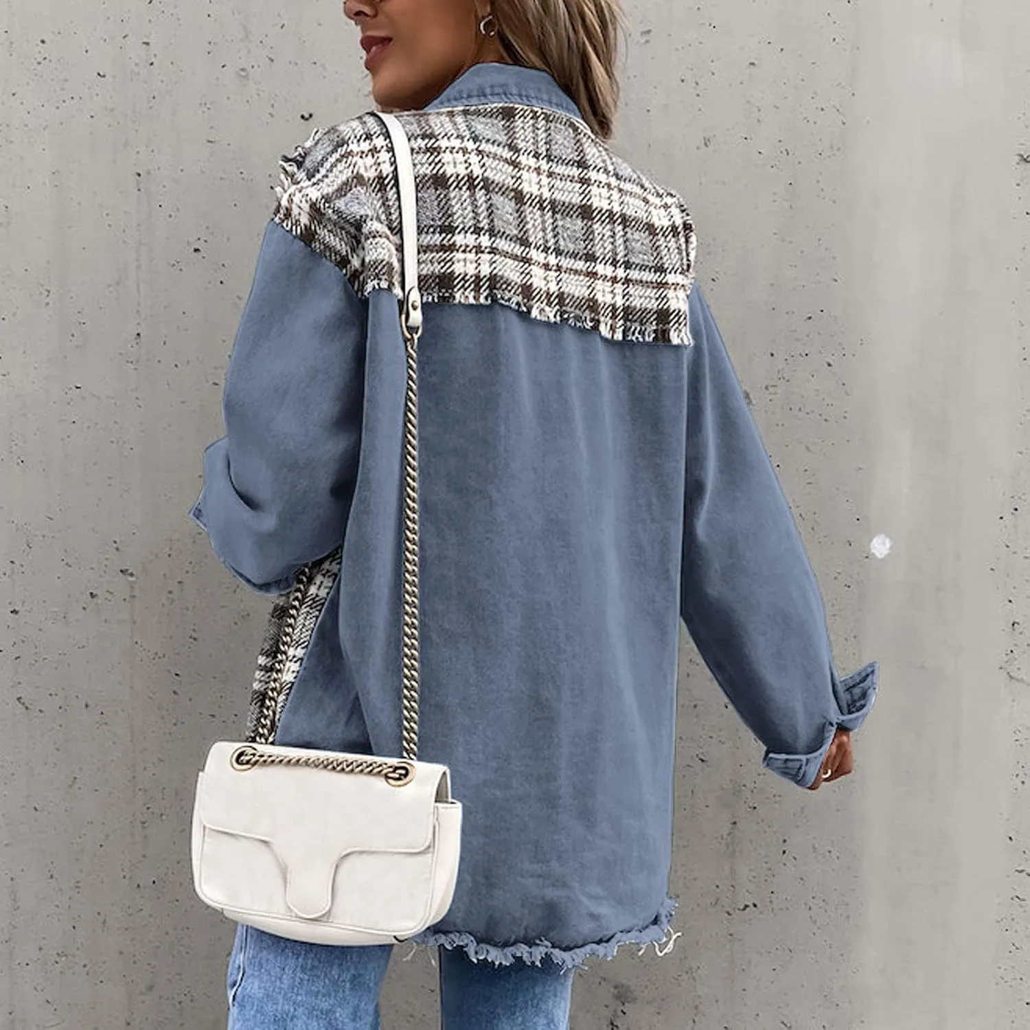 Fall Fashion Denim Jacket For Women 2023 Casual Long Sleeve Plaid Button Down Jean Shirts Shacket Jacket