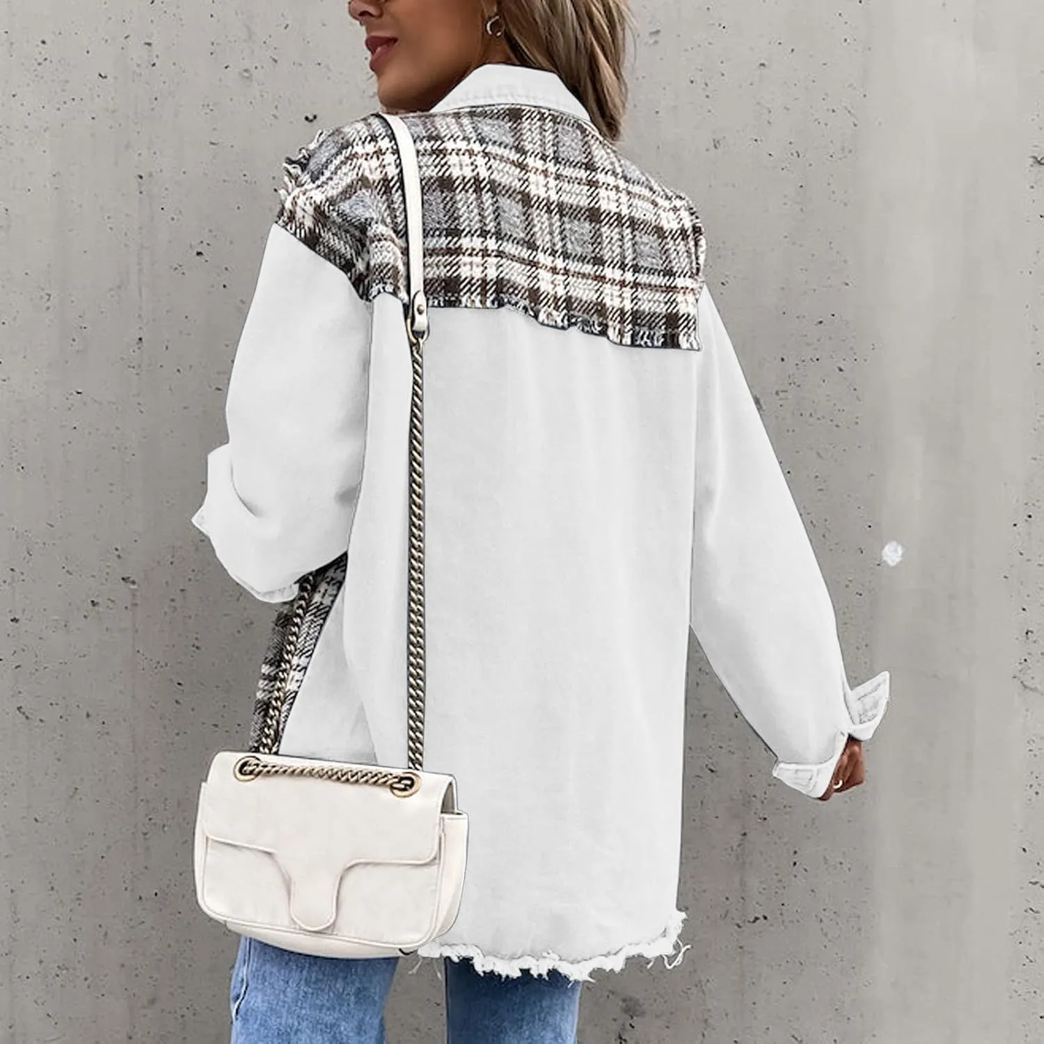 Fall Fashion Denim Jacket For Women 2023 Casual Long Sleeve Plaid Button Down Jean Shirts Shacket Jacket