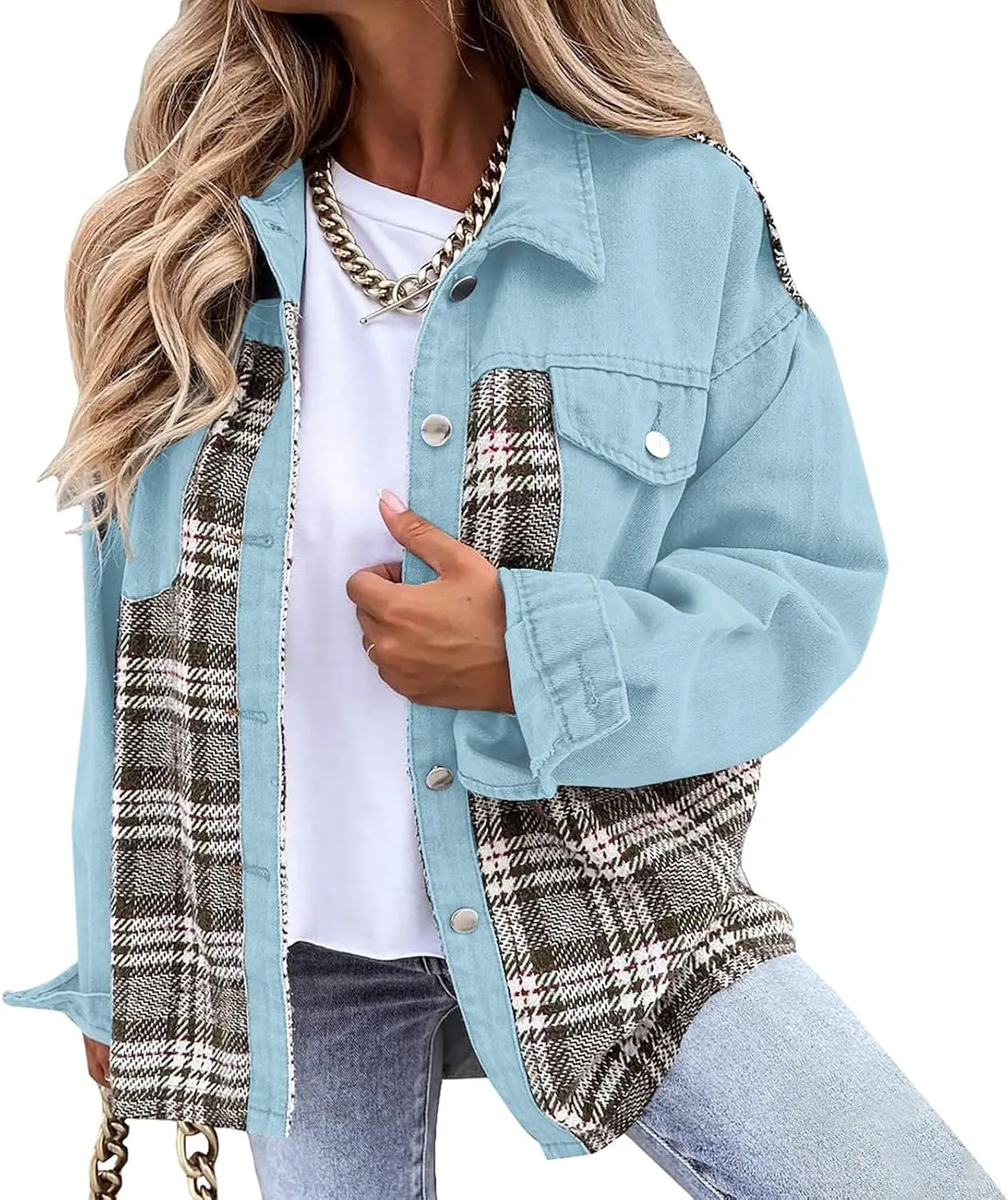 Fall Fashion Denim Jacket For Women 2023 Casual Long Sleeve Plaid Button Down Jean Shirts Shacket Jacket