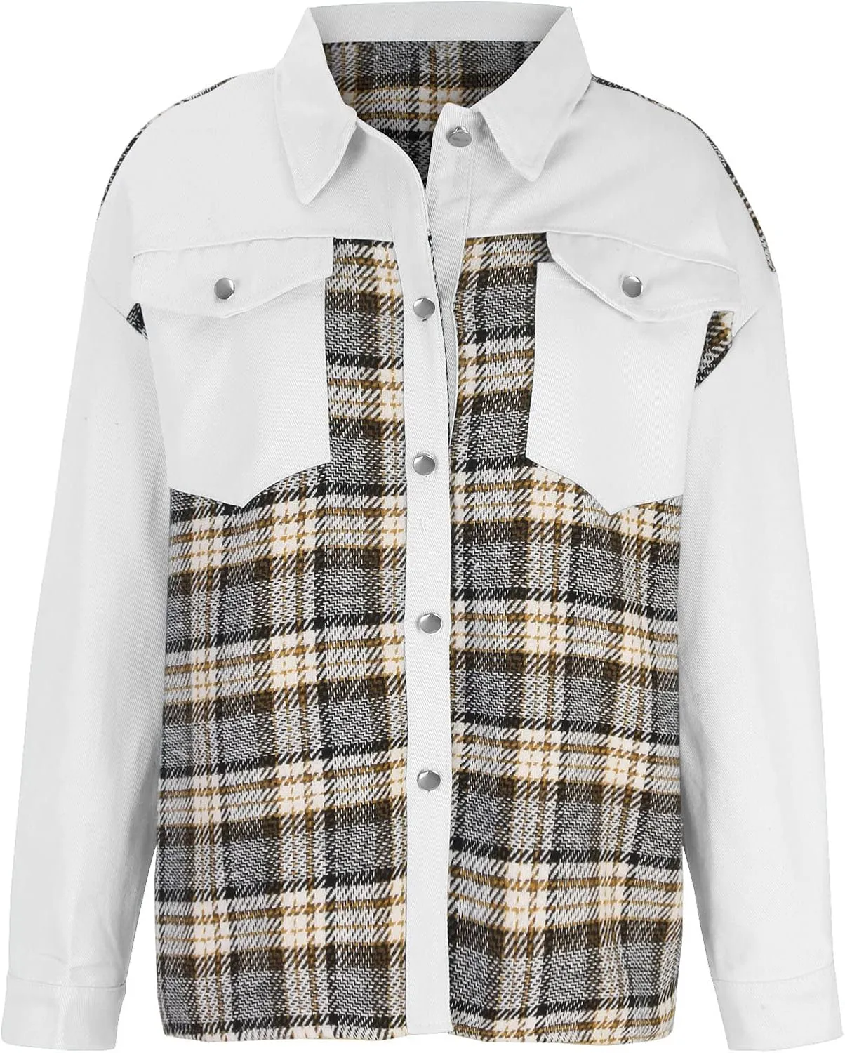 Fall Fashion Denim Jacket For Women 2023 Casual Long Sleeve Plaid Button Down Jean Shirts Shacket Jacket