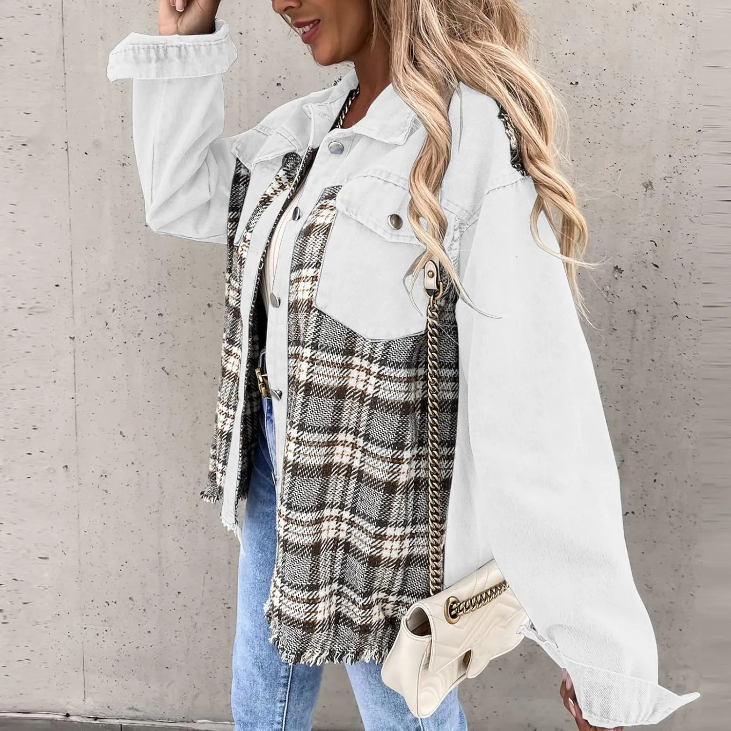 Fall Fashion Denim Jacket For Women 2023 Casual Long Sleeve Plaid Button Down Jean Shirts Shacket Jacket