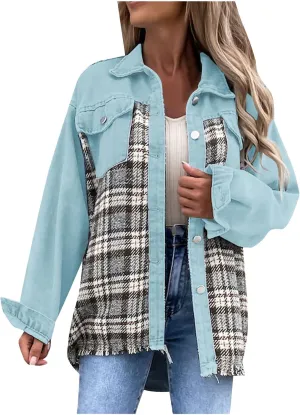 Fall Fashion Denim Jacket For Women 2023 Casual Long Sleeve Plaid Button Down Jean Shirts Shacket Jacket