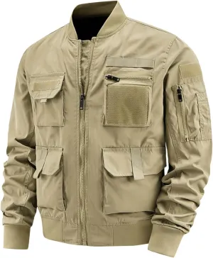 Finelylove Mens Military Tactical Jacket Cargo Flight Bomber Jacket Waterproof Nylon Windbreaker with Multi Pockets