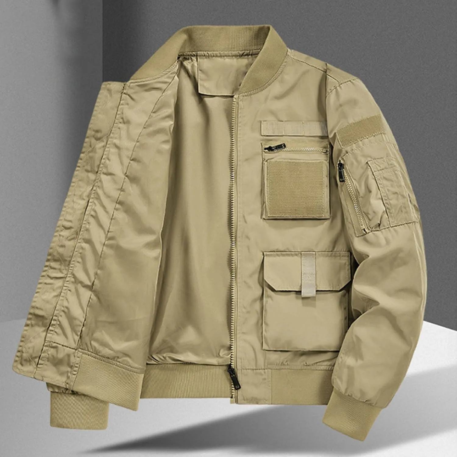 Finelylove Mens Military Tactical Jacket Cargo Flight Bomber Jacket Waterproof Nylon Windbreaker with Multi Pockets