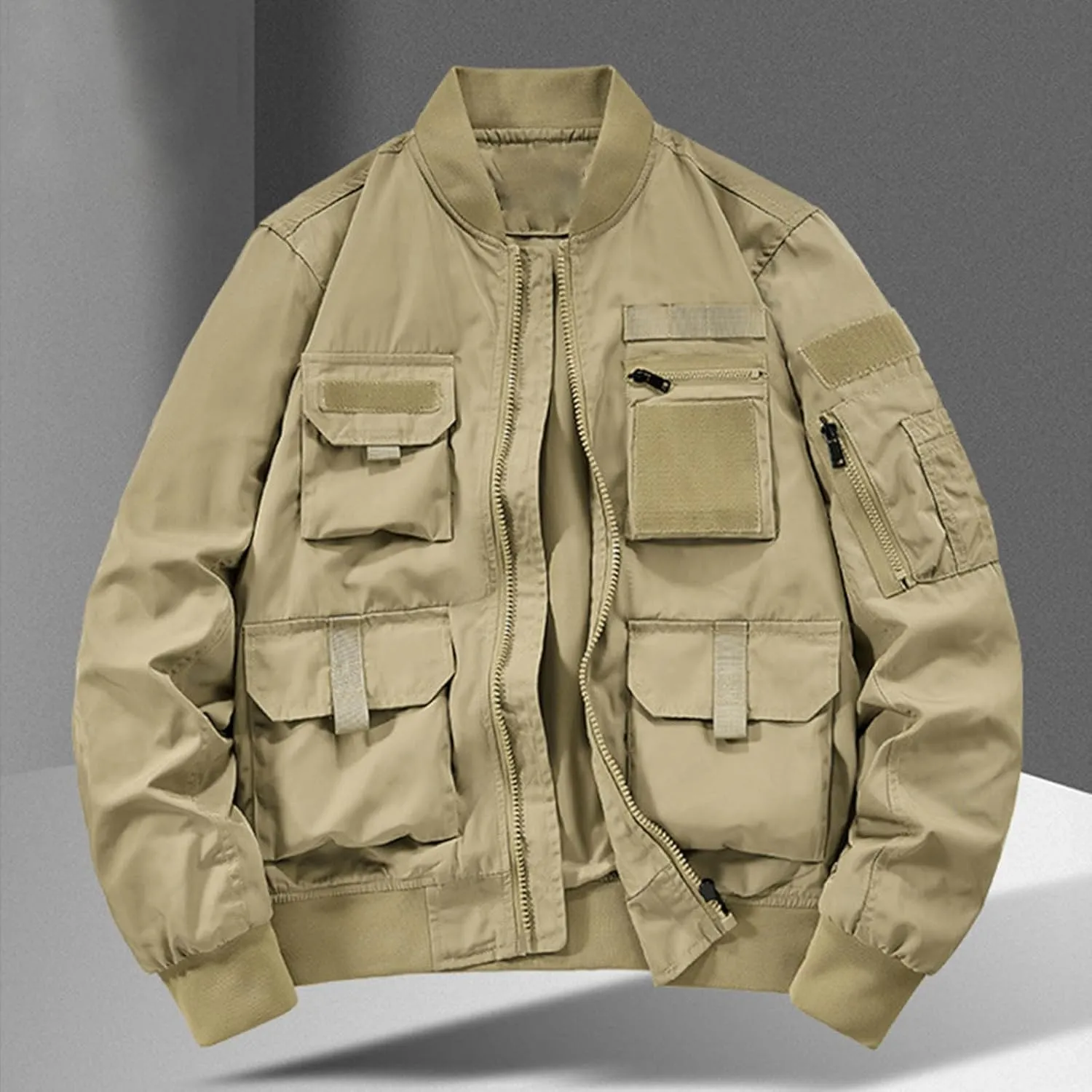 Finelylove Mens Military Tactical Jacket Cargo Flight Bomber Jacket Waterproof Nylon Windbreaker with Multi Pockets