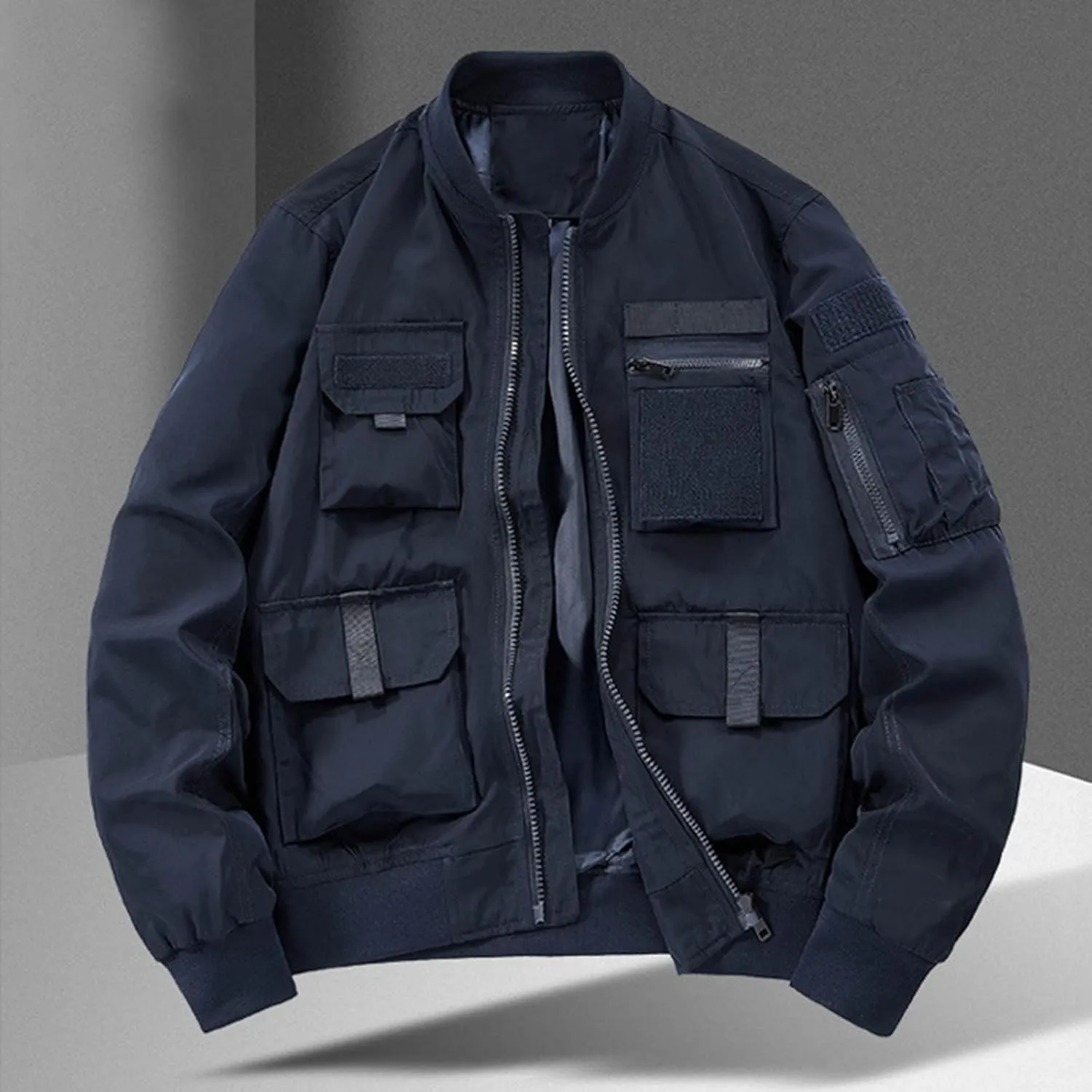 Finelylove Mens Military Tactical Jacket Cargo Flight Bomber Jacket Waterproof Nylon Windbreaker with Multi Pockets