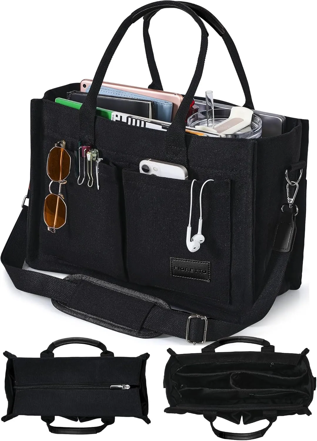 FIORETTO Canvas Tote Bag for Women with Zipper Closure & Individual Compartments for Work College for Teacher & Nurse