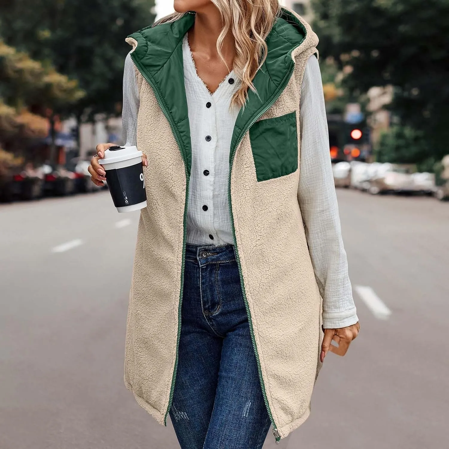 Firzero Puffer Vest Women Long Winter Sleeveless Quilted Jacket Plush Hooded Zip Up Vest 2024 Sherpa Fleece Jackets Hoodie