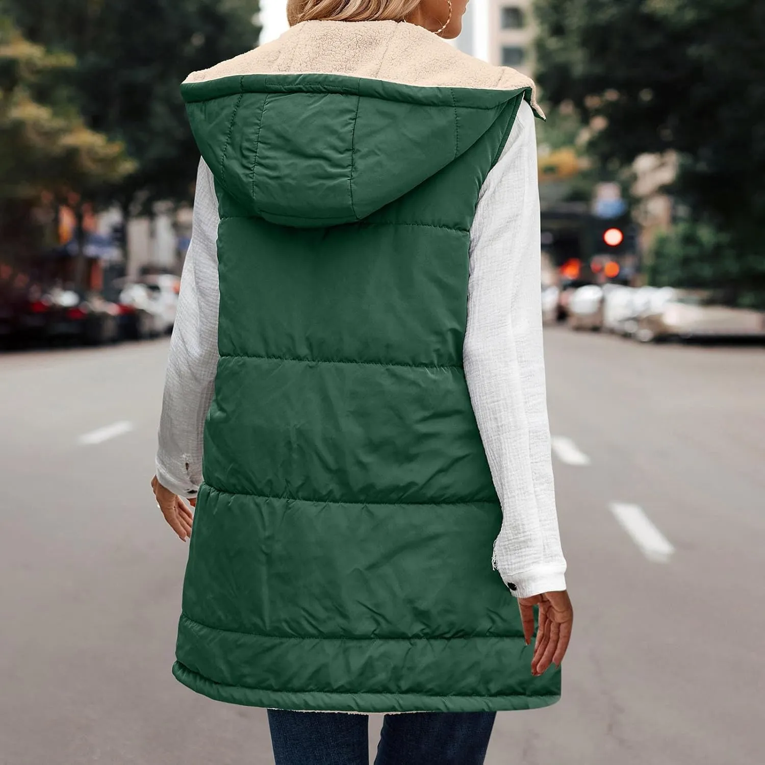 Firzero Puffer Vest Women Long Winter Sleeveless Quilted Jacket Plush Hooded Zip Up Vest 2024 Sherpa Fleece Jackets Hoodie