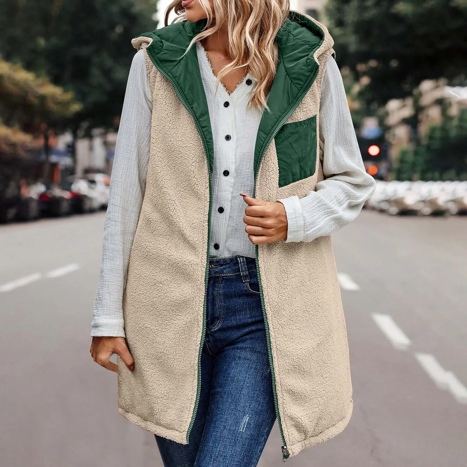 Firzero Puffer Vest Women Long Winter Sleeveless Quilted Jacket Plush Hooded Zip Up Vest 2024 Sherpa Fleece Jackets Hoodie