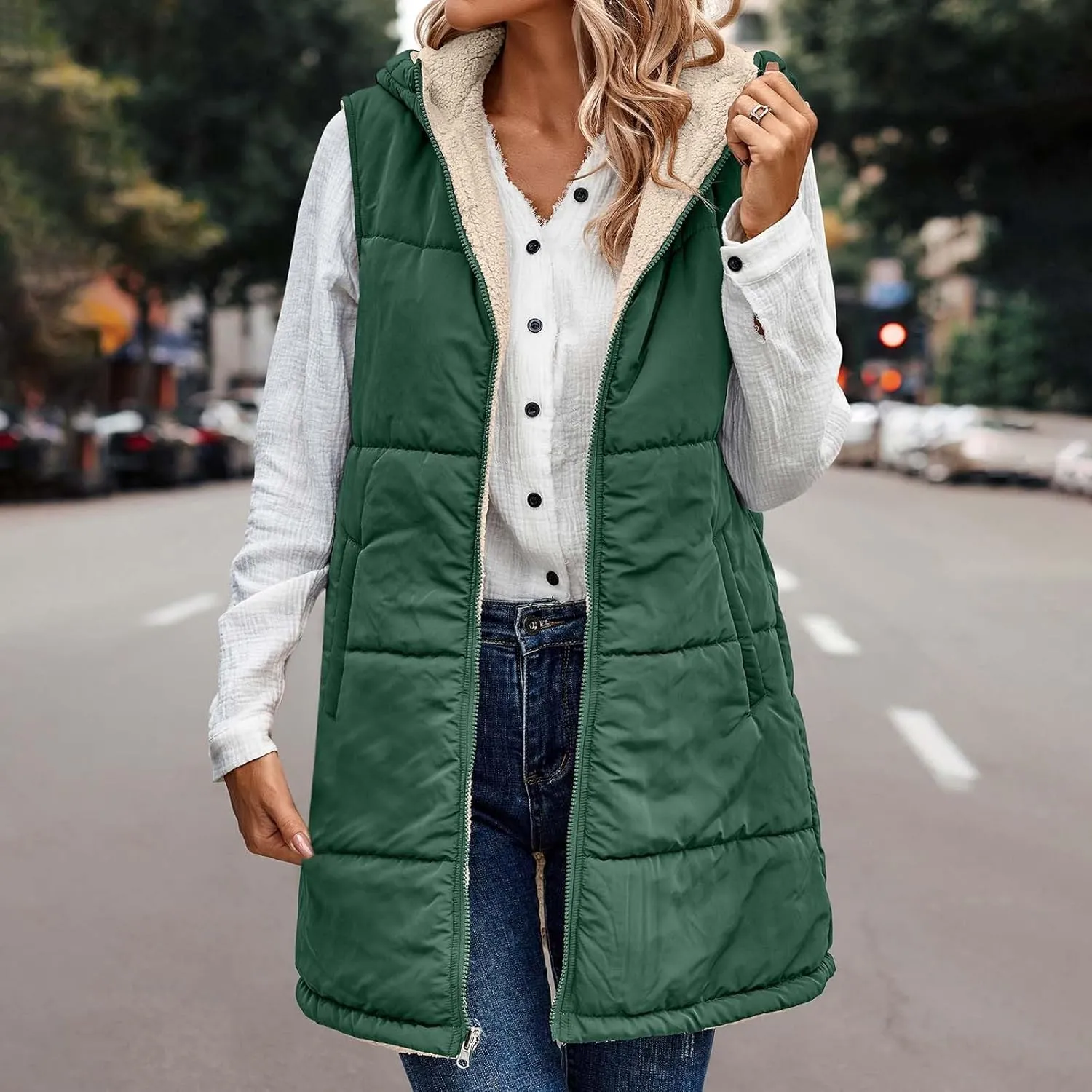 Firzero Puffer Vest Women Long Winter Sleeveless Quilted Jacket Plush Hooded Zip Up Vest 2024 Sherpa Fleece Jackets Hoodie
