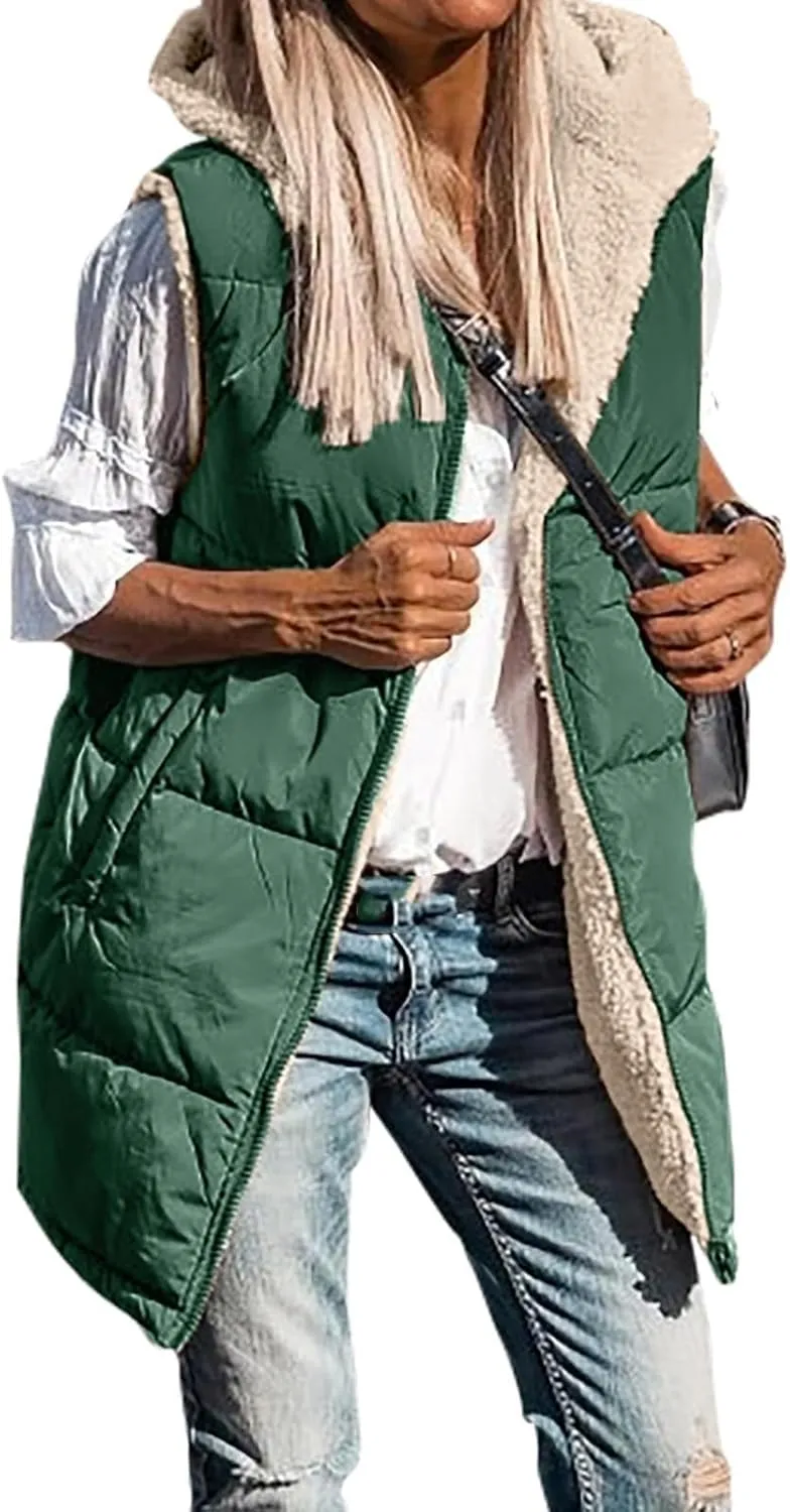 Firzero Puffer Vest Women Long Winter Sleeveless Quilted Jacket Plush Hooded Zip Up Vest 2024 Sherpa Fleece Jackets Hoodie