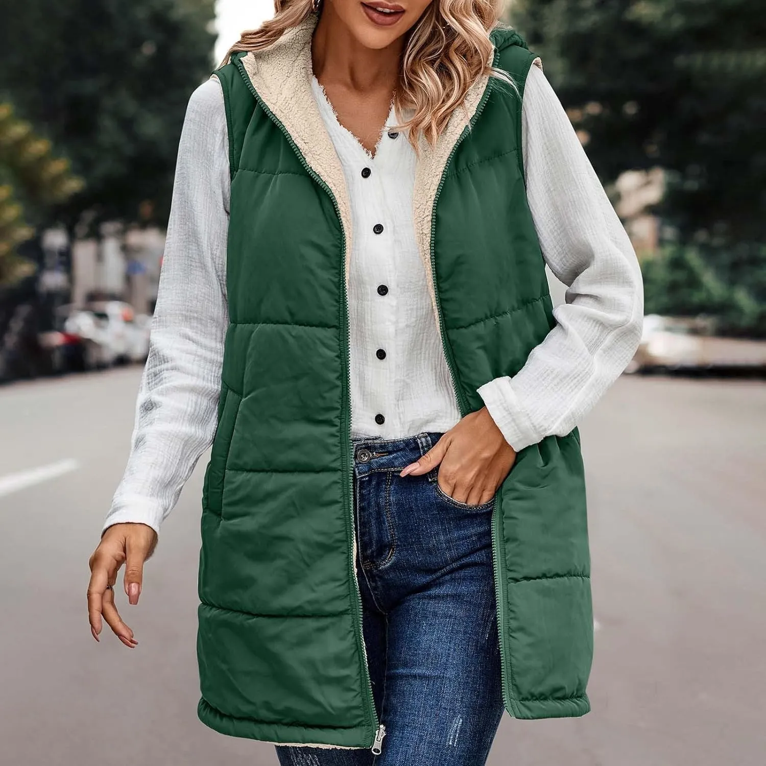 Firzero Puffer Vest Women Long Winter Sleeveless Quilted Jacket Plush Hooded Zip Up Vest 2024 Sherpa Fleece Jackets Hoodie