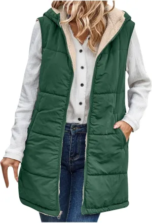 Firzero Puffer Vest Women Long Winter Sleeveless Quilted Jacket Plush Hooded Zip Up Vest 2024 Sherpa Fleece Jackets Hoodie