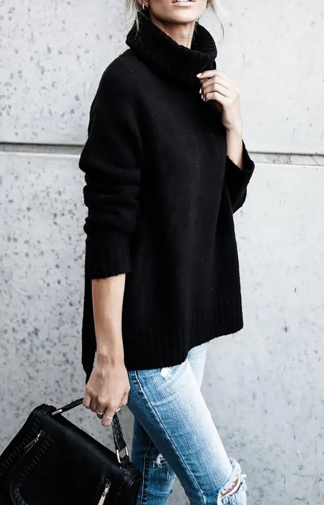 FISACE Womens Oversized Turtleneck Pullover Sweater Cable Knit Long Sleeve Sweater Tops